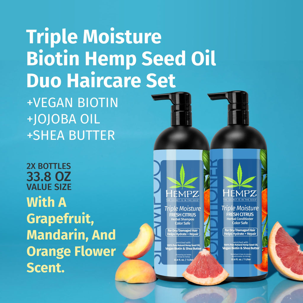 HEMPZ Hair Shampoo & Conditioner Set – Grapefruit & Peach Scent | Hydrating, Color-Safe Biotin Duo (33.8 fl oz)