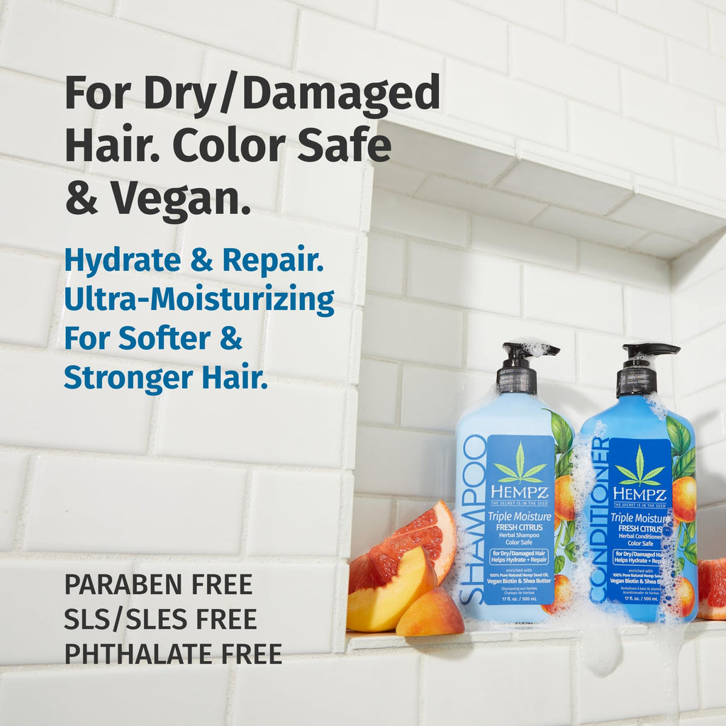 HEMPZ Hair Shampoo & Conditioner Set – Grapefruit & Peach Scent | Hydrating, Color-Safe Biotin Duo (33.8 fl oz)