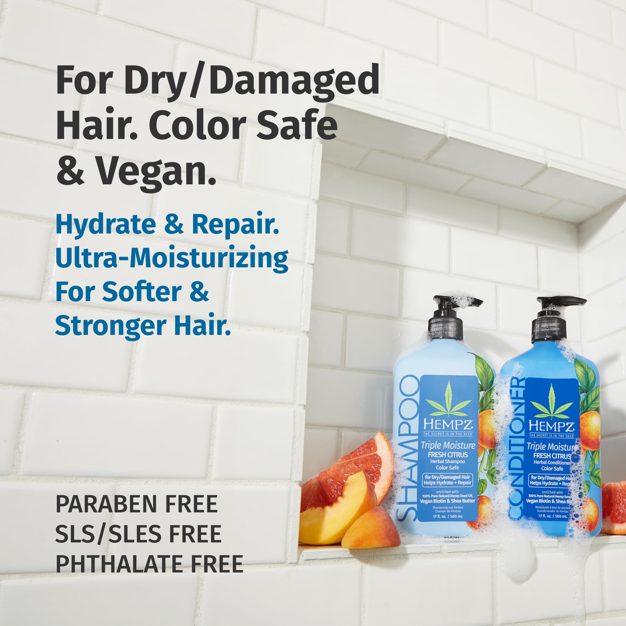 HEMPZ Hair Shampoo & Conditioner Set – Grapefruit & Peach Scent | Hydrating, Color-Safe Biotin Duo (33.8 fl oz)