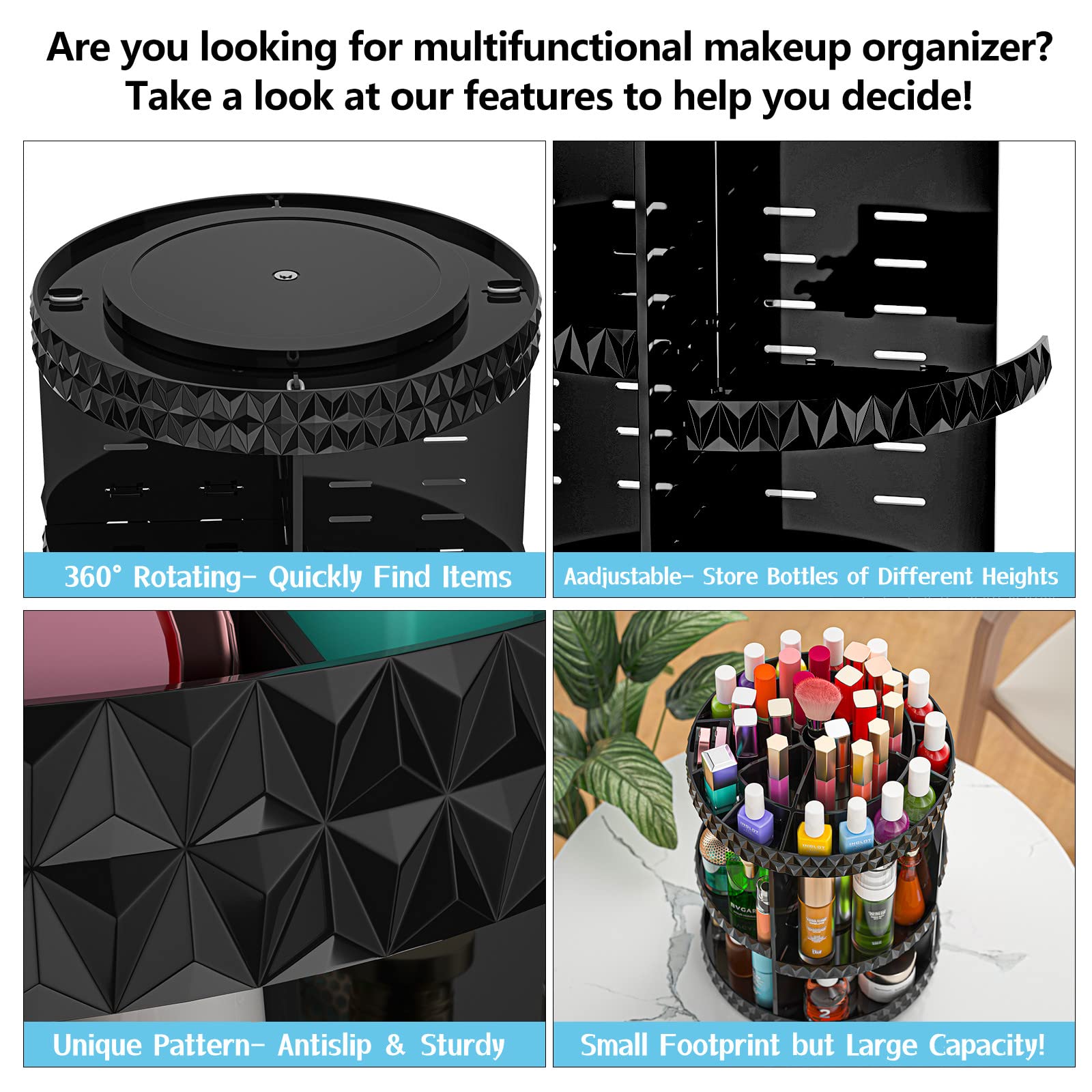 HEMTROY 360° Rotating Makeup Organizer – Adjustable Acrylic Cosmetic Caddy (Black)