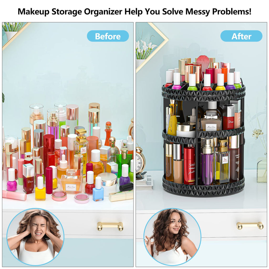 HEMTROY 360° Rotating Makeup Organizer – Adjustable Acrylic Cosmetic Caddy (Black)