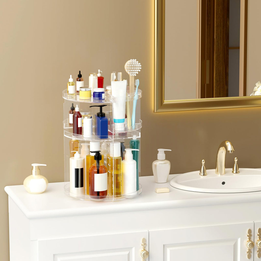 HEMTROY Makeup Organizer 360° Rotating – Large-Capacity Acrylic Vanity Carousel with Adjustable Shelves & Brush Holder