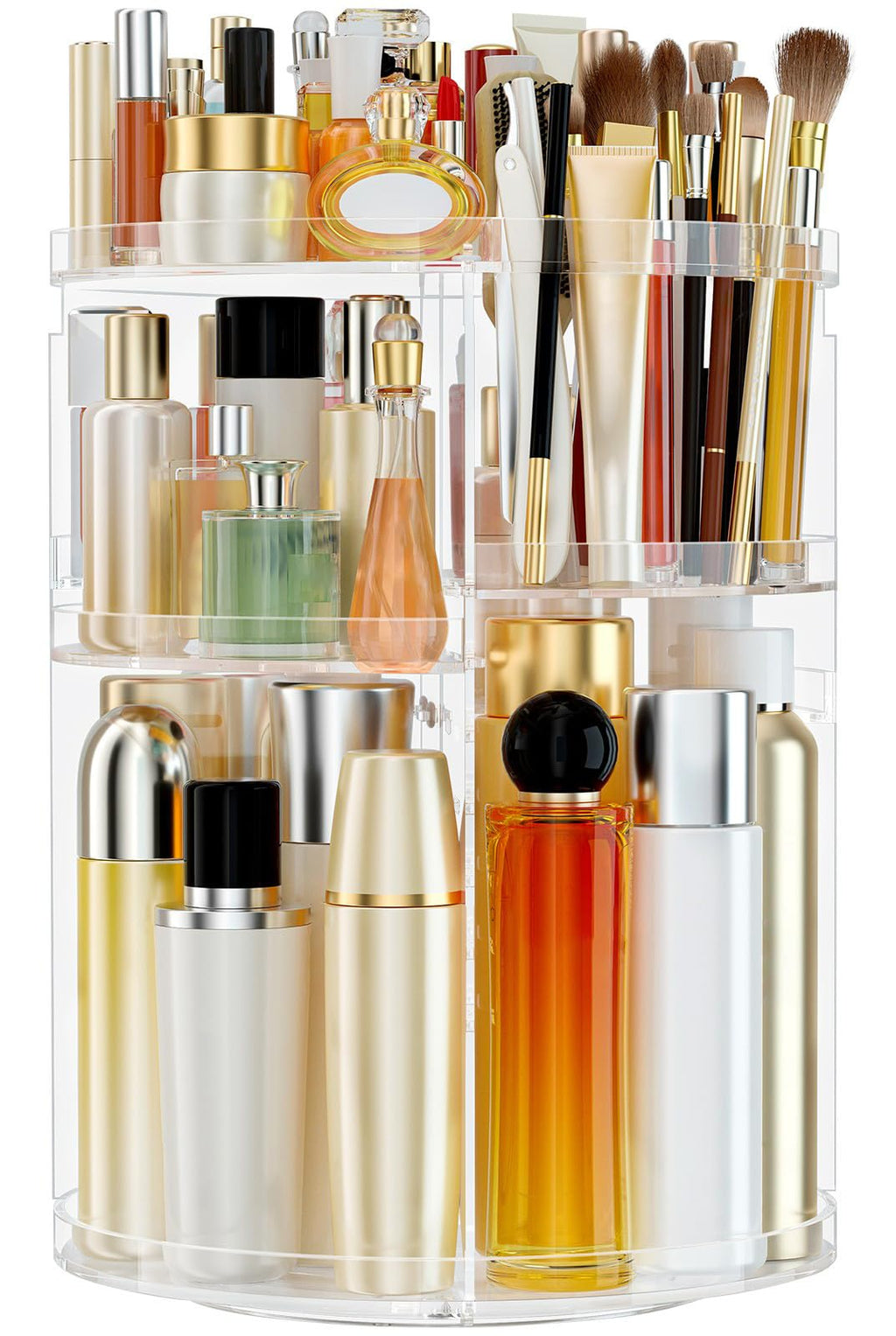 HEMTROY Makeup Organizer 360° Rotating – Large-Capacity Acrylic Vanity Carousel with Adjustable Shelves & Brush Holder
