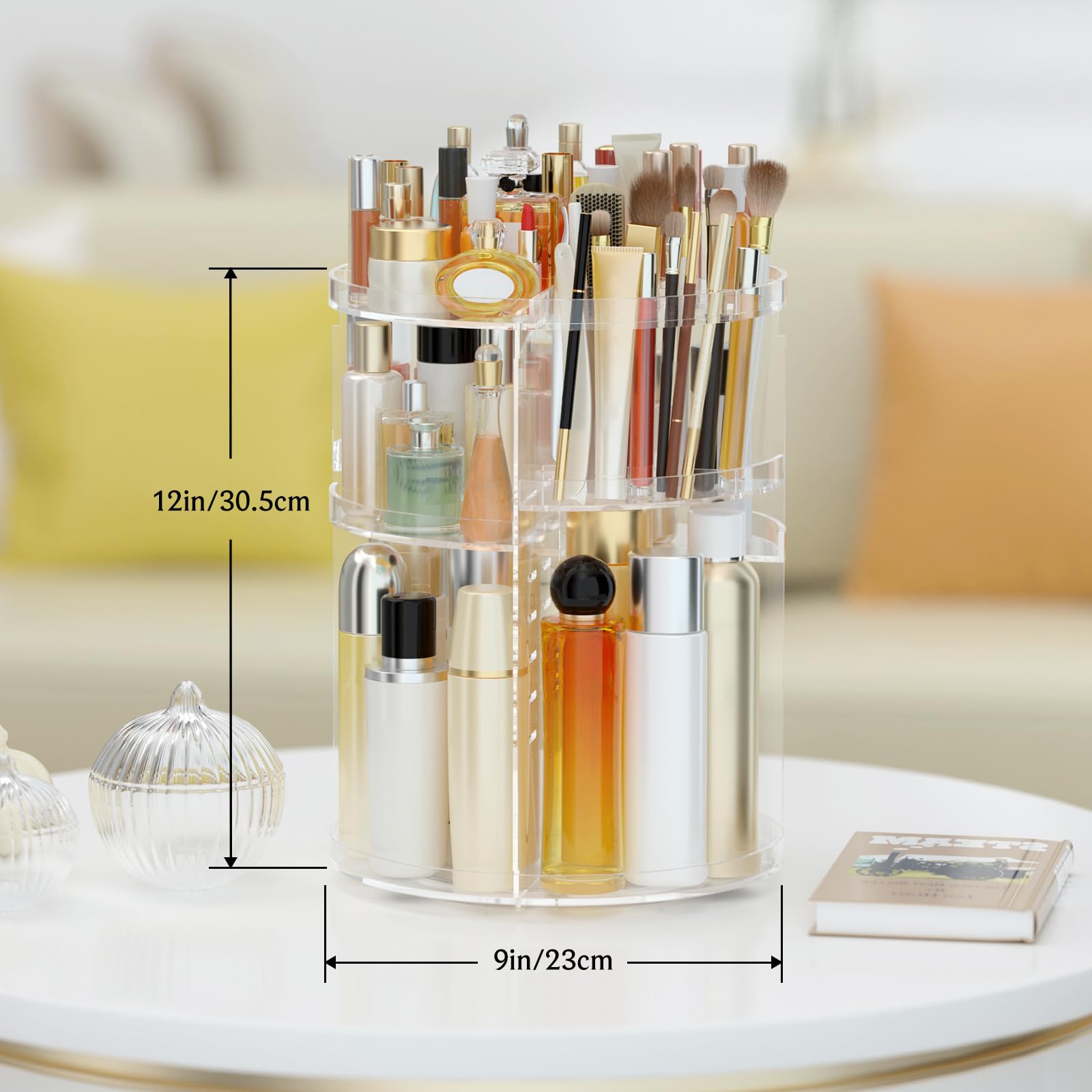 HEMTROY Makeup Organizer 360° Rotating – Large-Capacity Acrylic Vanity Carousel with Adjustable Shelves & Brush Holder