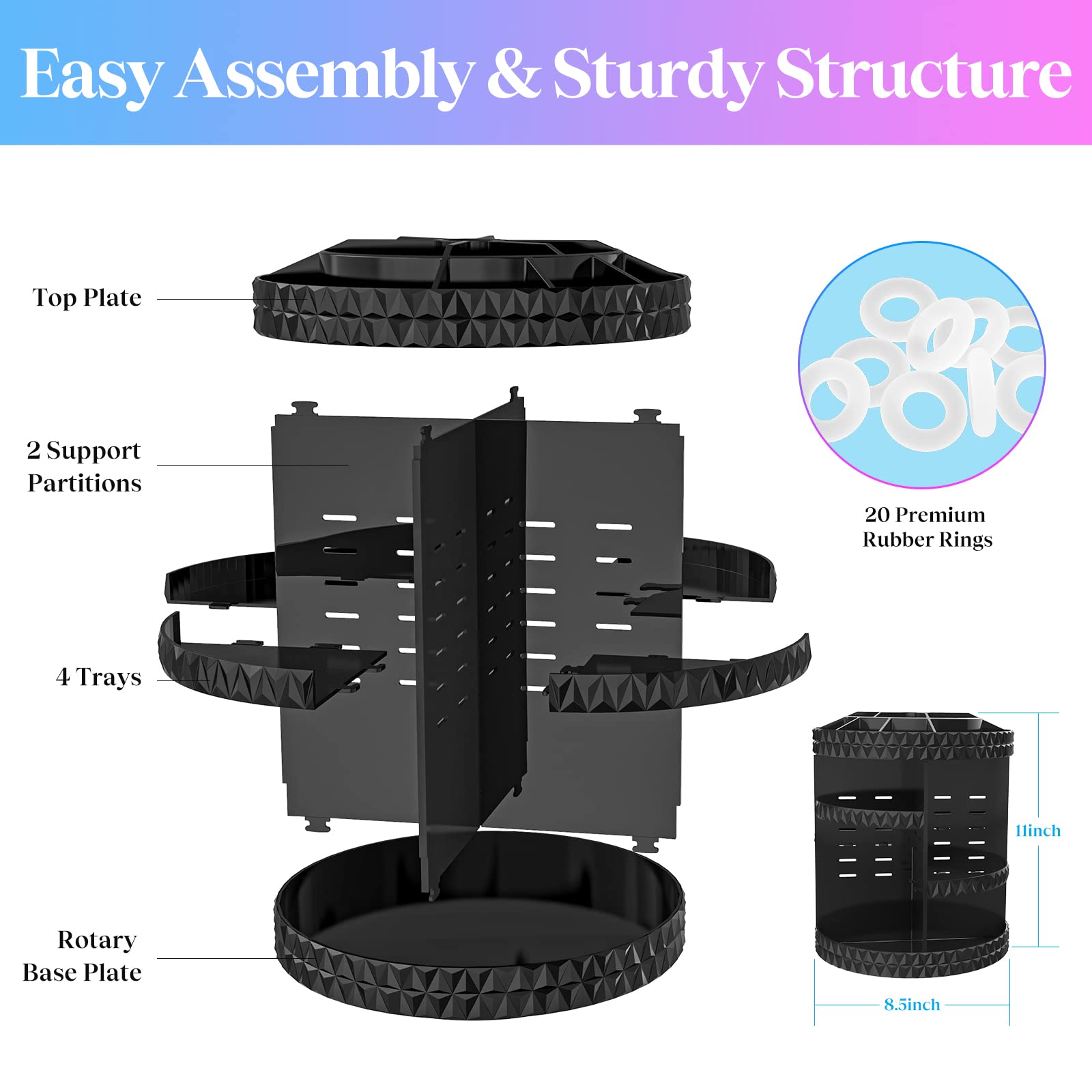 HEMTROY 360° Rotating Makeup Organizer – Adjustable Acrylic Cosmetic Caddy (Black)