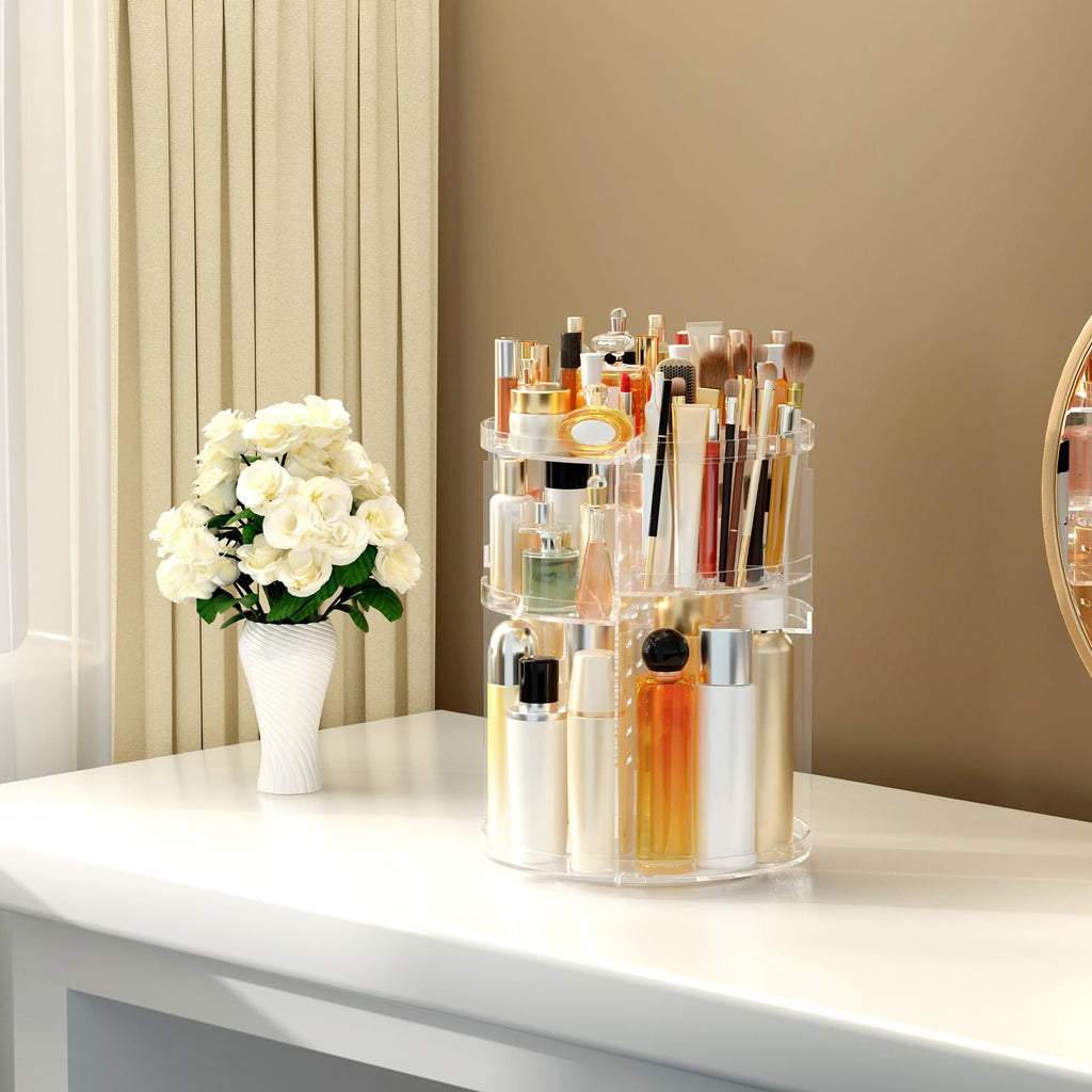HEMTROY Makeup Organizer 360° Rotating – Large-Capacity Acrylic Vanity Carousel with Adjustable Shelves & Brush Holder