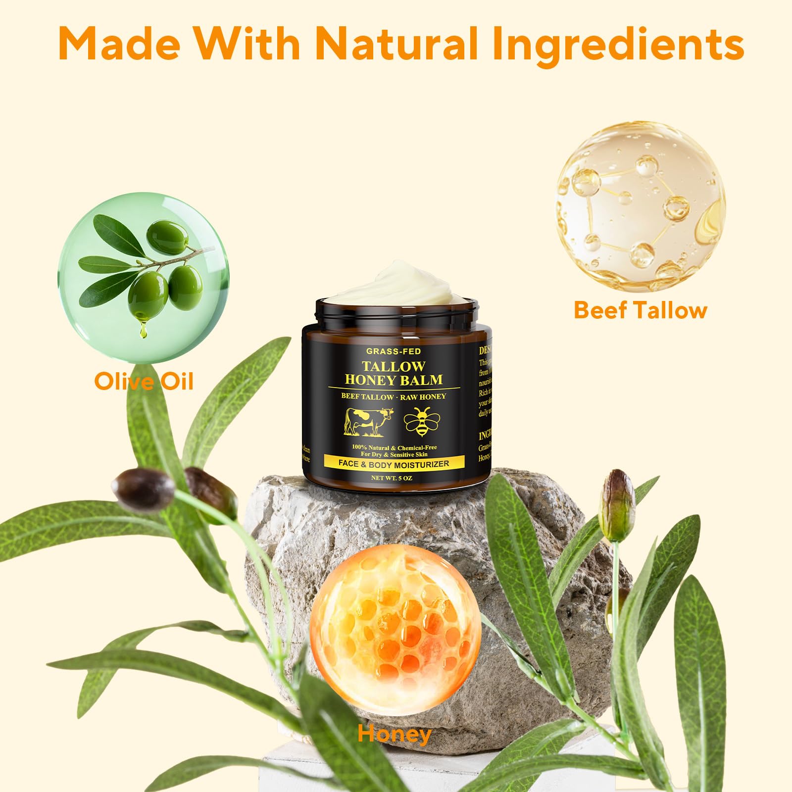 Henjaca Beef Tallow Balm for Skin – Whipped, Organic, 5 oz