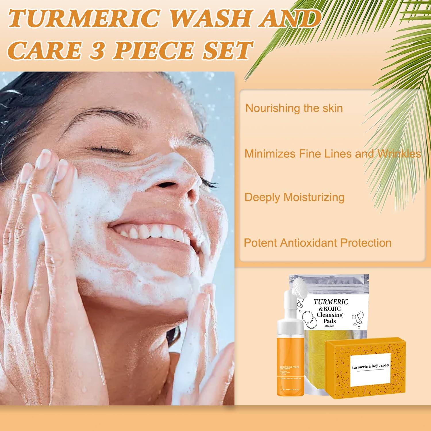 HEPANIO Turmeric Wash & Care 4-Piece Set | Facial Cleanser, Exfoliating Pads & Soap
