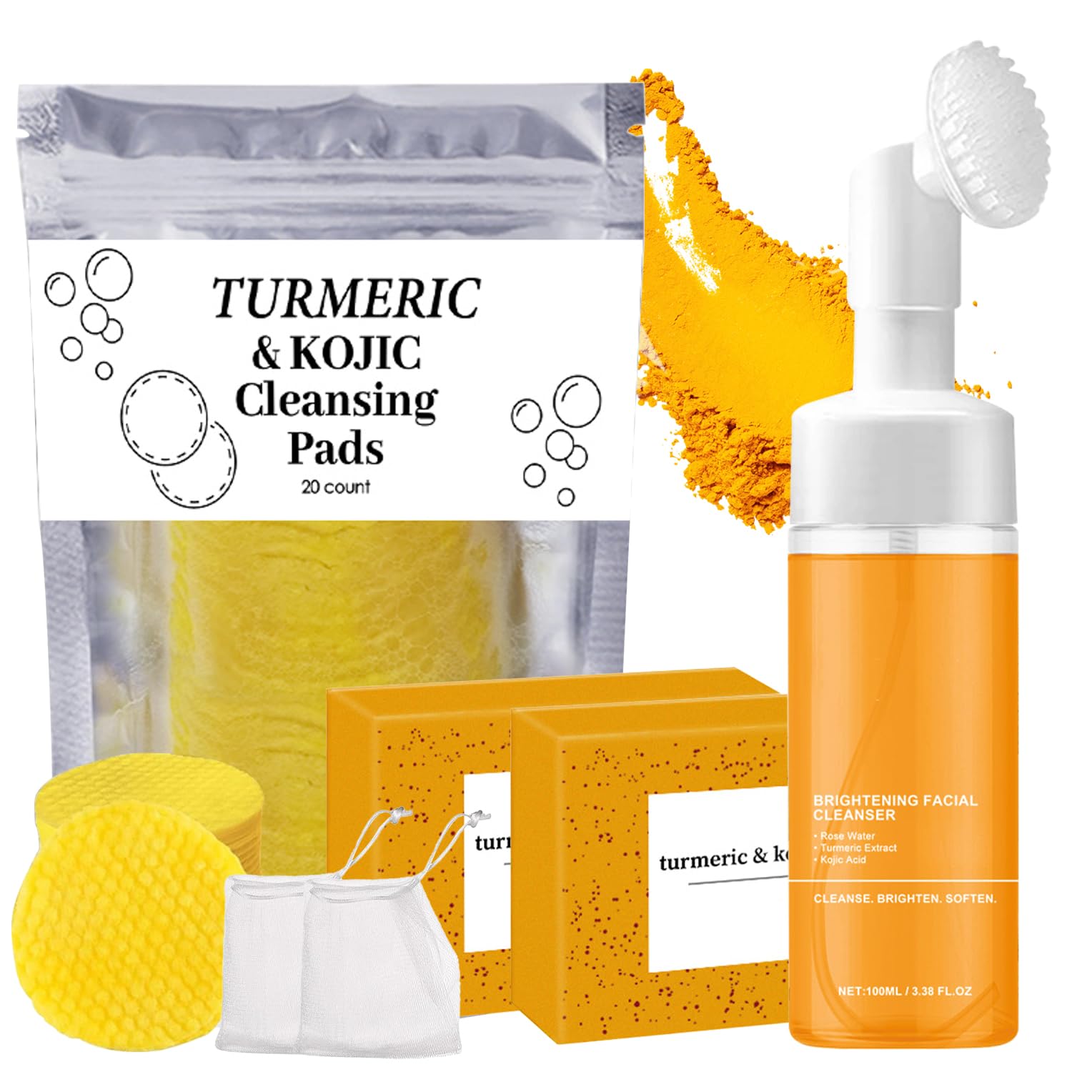 HEPANIO Turmeric Wash & Care 4-Piece Set | Facial Cleanser, Exfoliating Pads & Soap