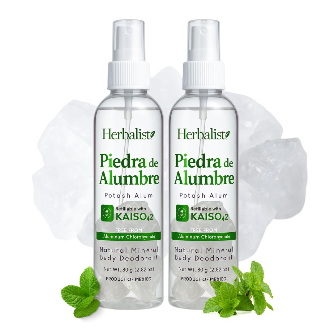 Herbalista 2 Bottles – Natural Alum Crystal Deodorant Spray, Refillable 80g Each – Aluminum-Free, Long-Lasting