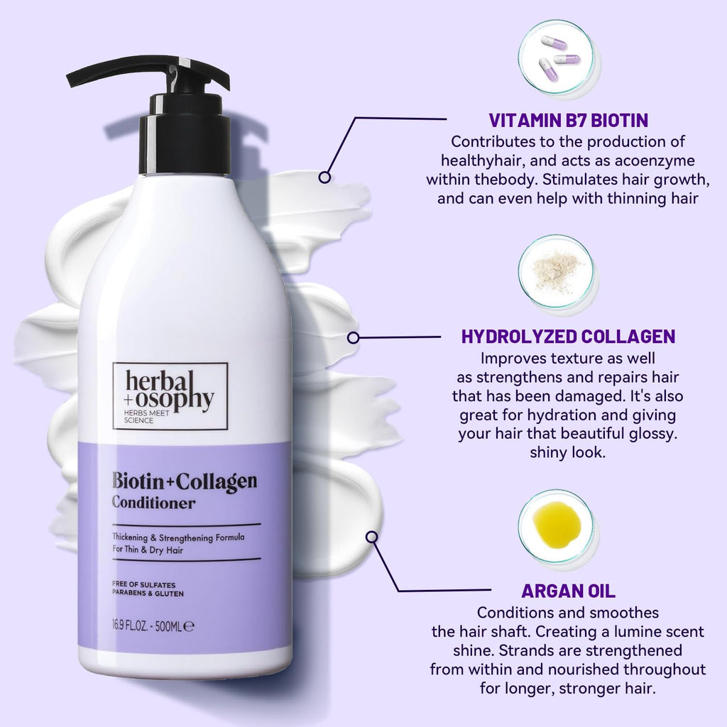 Herbalosophy Biotin & Collagen Shampoo & Conditioner Set – Thickening, Repair, Argan Oil, Gluten & Sulfate Free