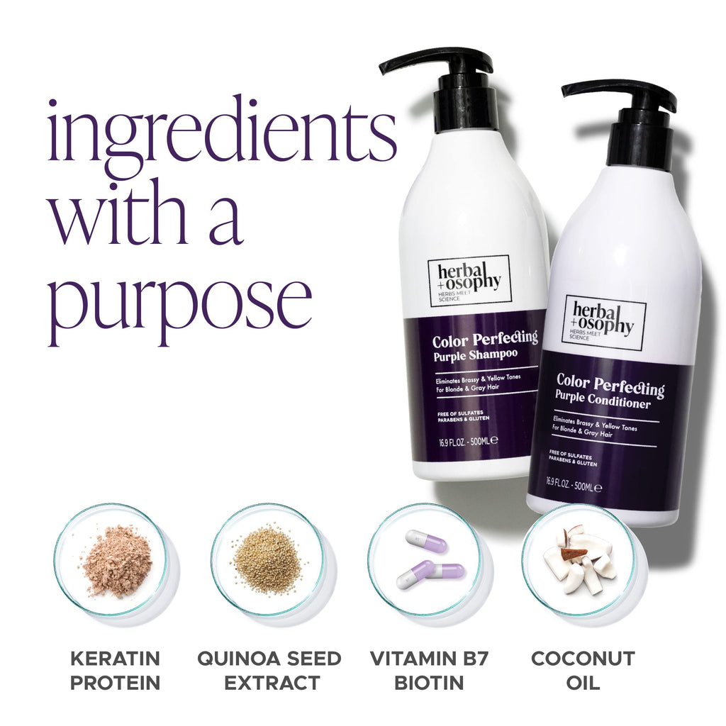 Herbalosophy Purple Shampoo & Conditioner Set for Blonde & Gray Hair – Eliminates Brass & Yellow Tones | 2 x 16.9 fl oz | Sulfate, Paraben & Gluten Free