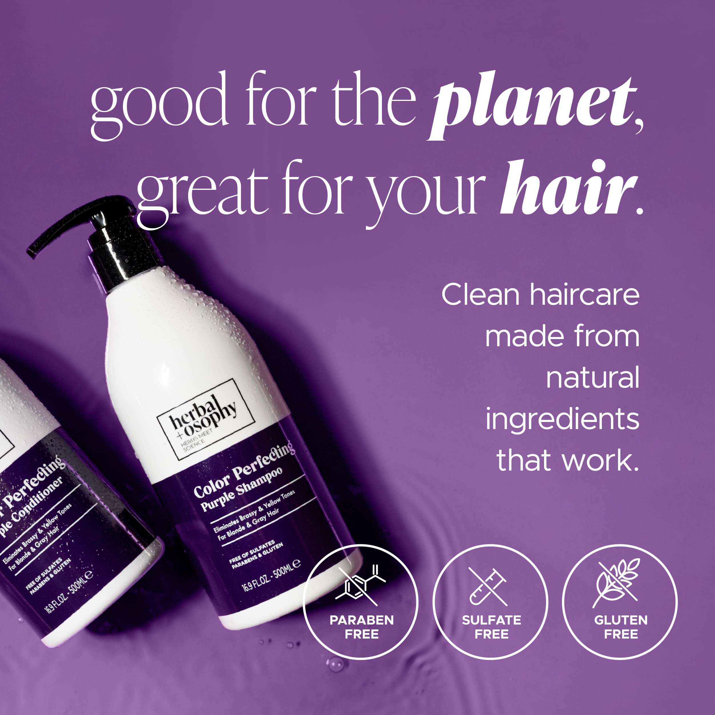 Herbalosophy Purple Shampoo & Conditioner Set for Blonde & Gray Hair – Eliminates Brass & Yellow Tones | 2 x 16.9 fl oz | Sulfate, Paraben & Gluten Free