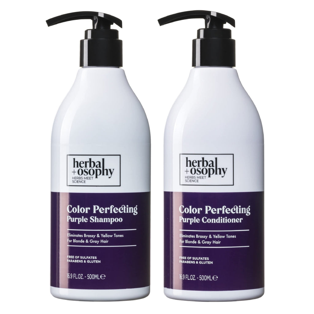 Herbalosophy Purple Shampoo & Conditioner Set for Blonde & Gray Hair – Eliminates Brass & Yellow Tones | 2 x 16.9 fl oz | Sulfate, Paraben & Gluten Free