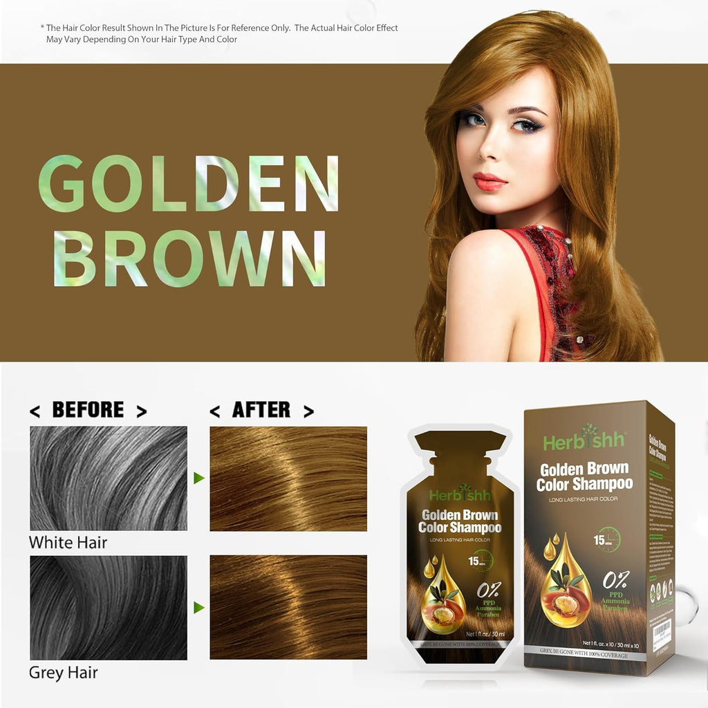Herbishh Golden Brown Hair Shampoo – 3-in-1 Color & Gray Coverage, PPD-Free, 30ml x10