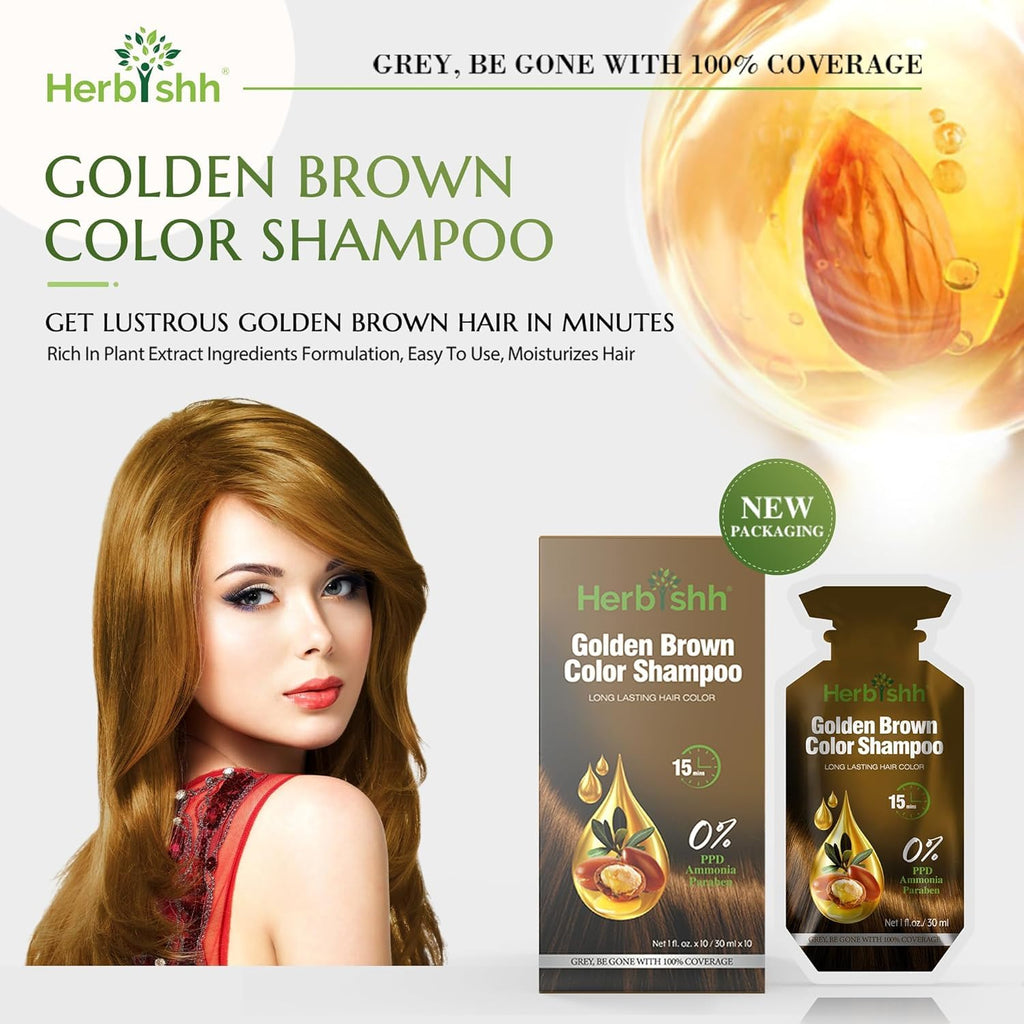 Herbishh Golden Brown Hair Shampoo – 3-in-1 Color & Gray Coverage, PPD-Free, 30ml x10