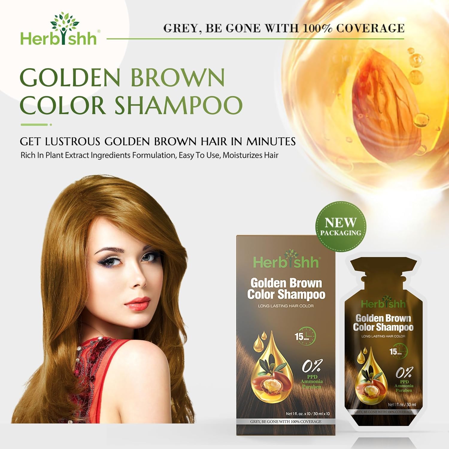 Herbishh Golden Brown Hair Shampoo – 3-in-1 Color & Gray Coverage, PPD-Free, 30ml x10