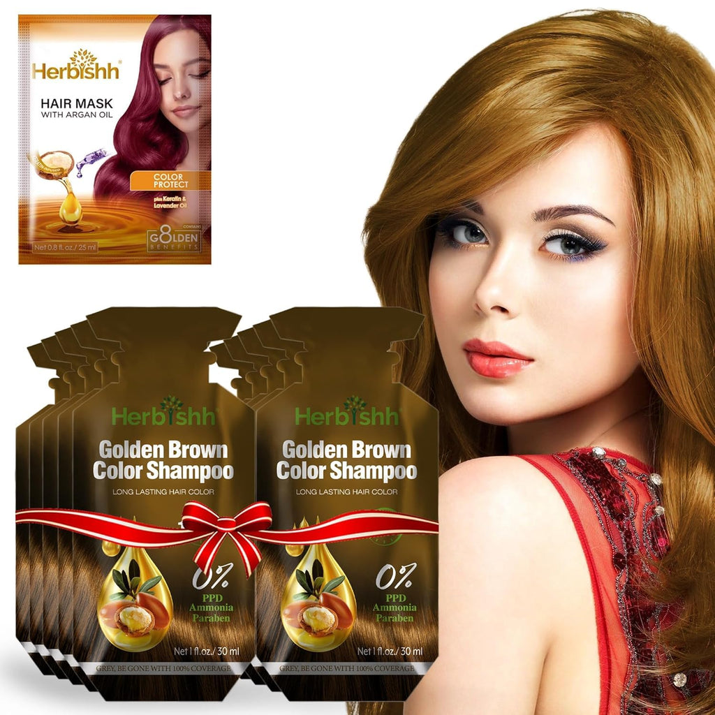 Herbishh Golden Brown Hair Shampoo – 3-in-1 Color & Gray Coverage, PPD-Free, 30ml x10