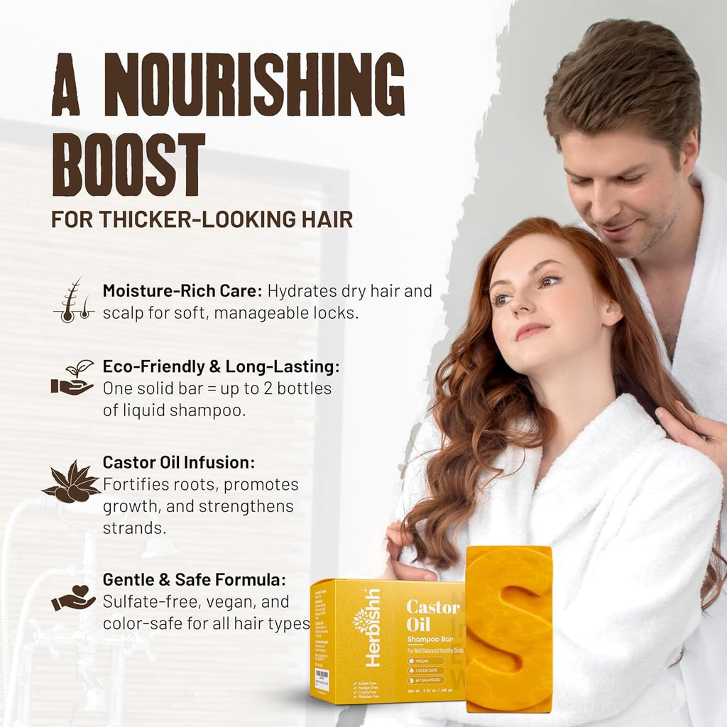 Herbishh Castor Oil Shampoo Bar – Nourishing Solid Shampoo for Hair Growth & Thinning Hair | 3.53 oz Pack of 4