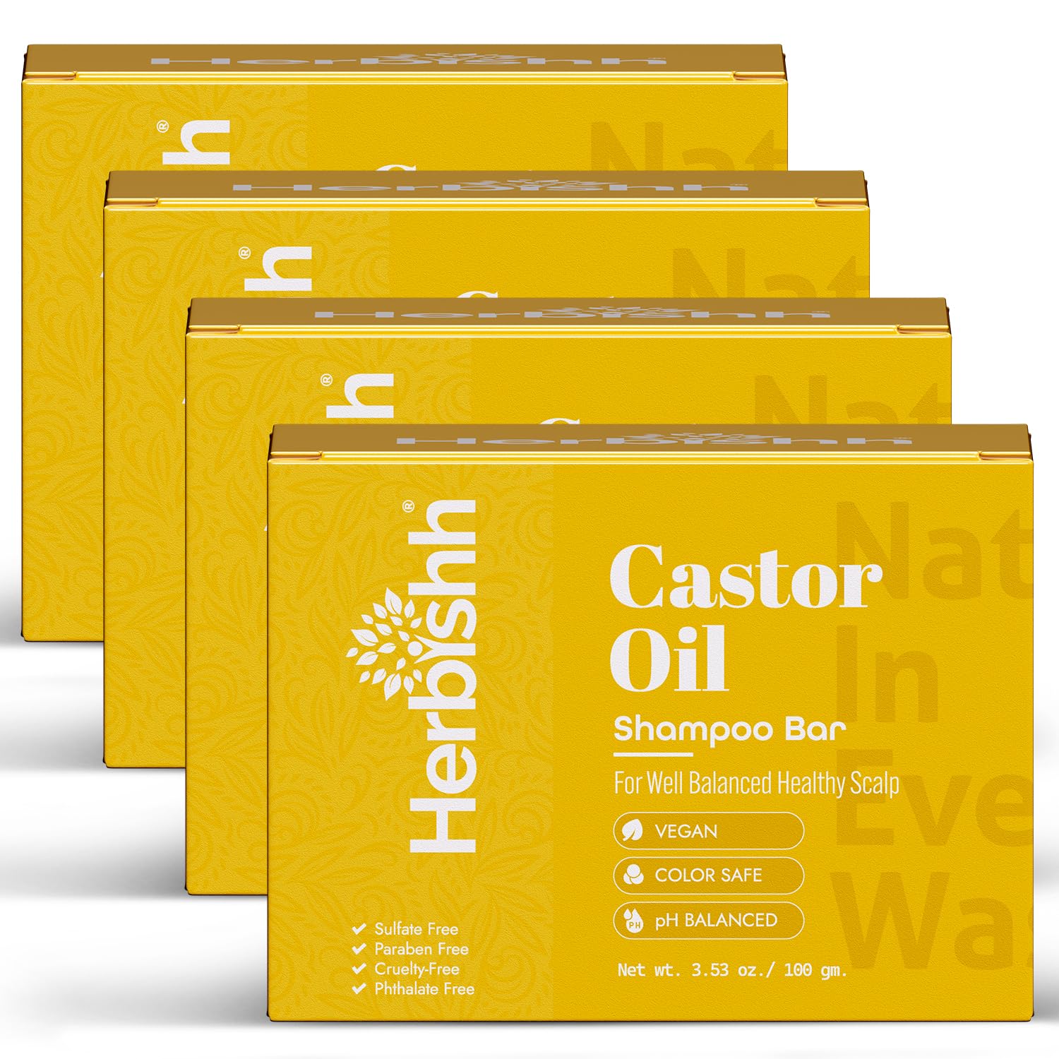 Herbishh Castor Oil Shampoo Bar – Nourishing Solid Shampoo for Hair Growth & Thinning Hair | 3.53 oz Pack of 4