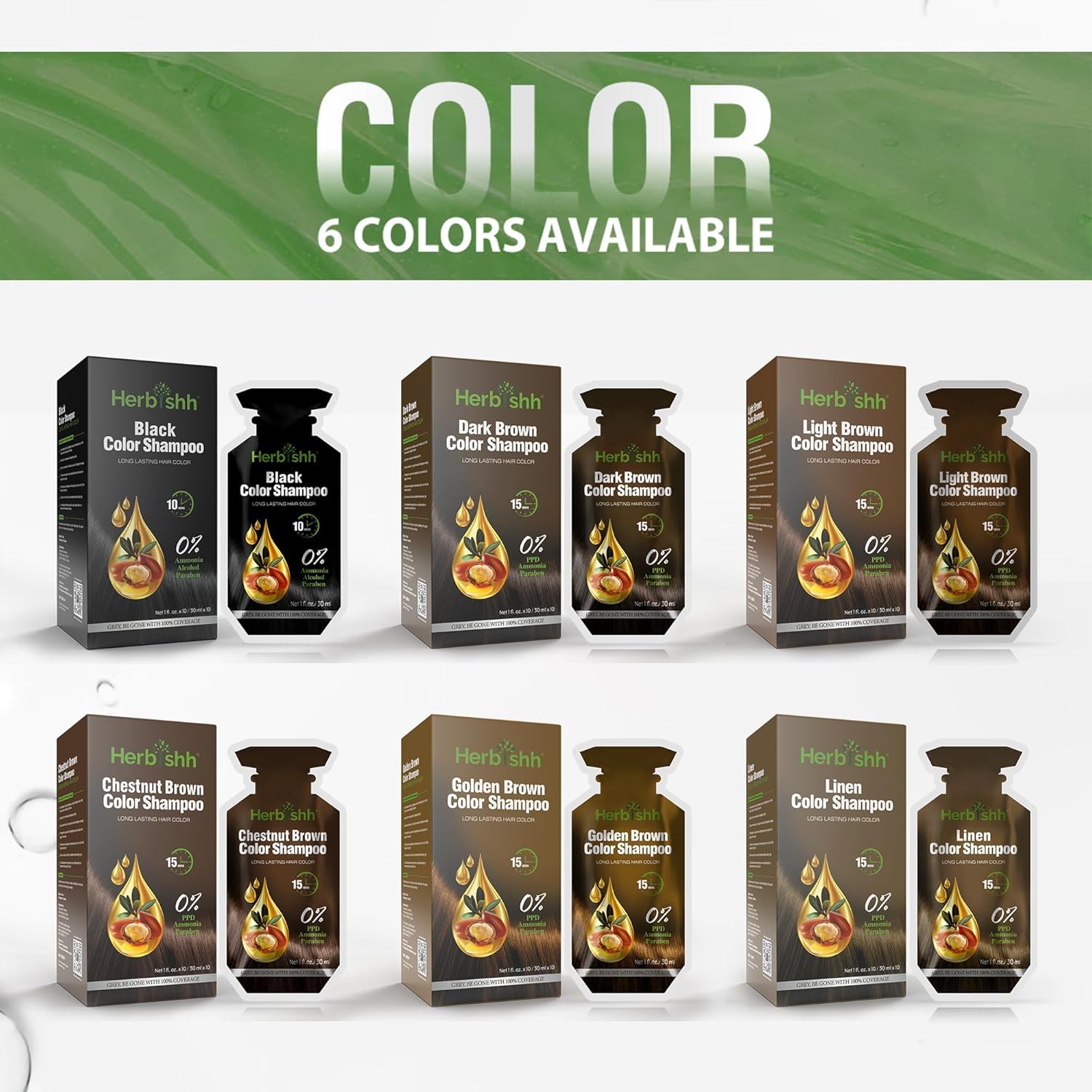 Herbishh Golden Brown Hair Shampoo – 3-in-1 Color & Gray Coverage, PPD-Free, 30ml x10
