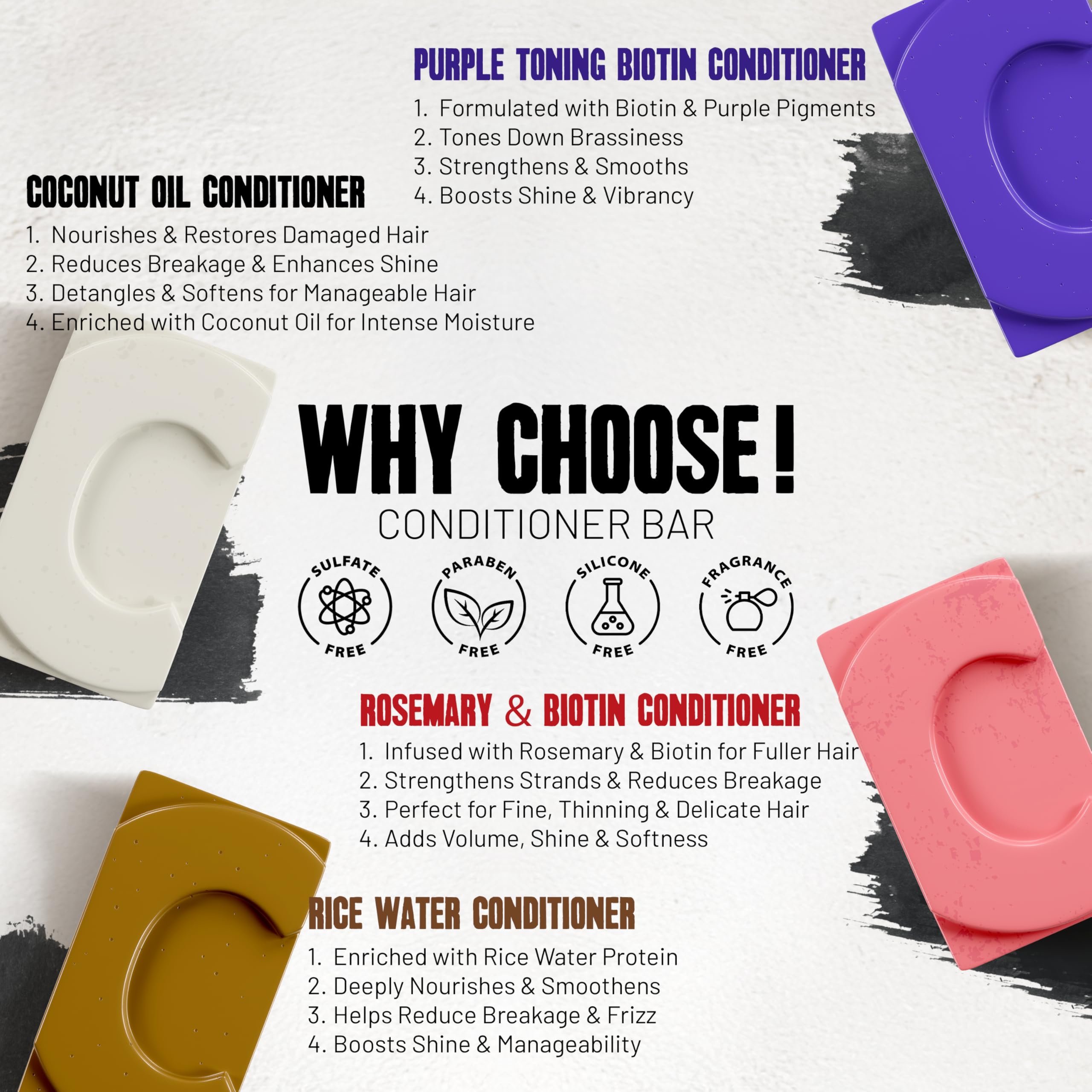 Herbishh 4-Pack Solid Conditioner Bars – Coconut Oil, Purple Toner, Rosemary Biotin & Rice Water