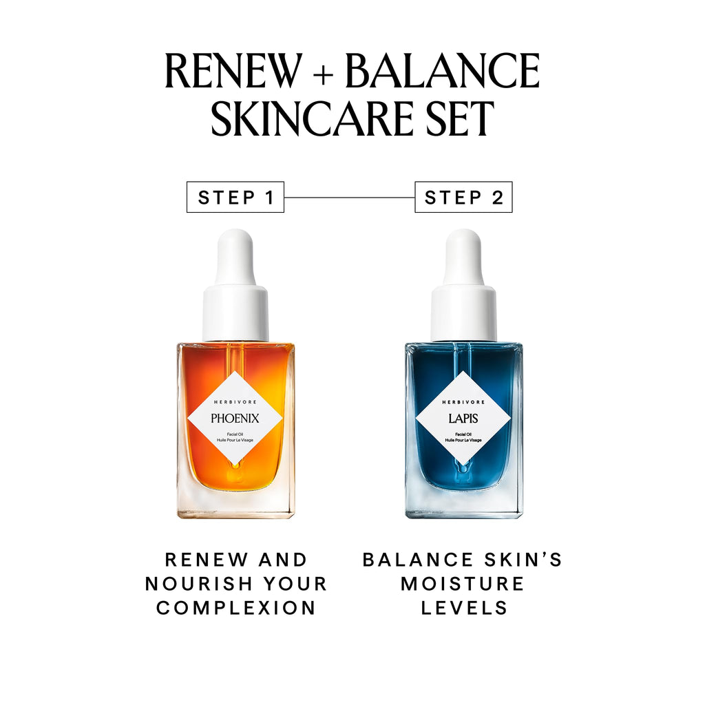 HERBIVORE Balance + Renew Skincare Set – Lapis Blue Tansy & Phoenix Rosehip Oils for Balanced, Hydrated Skin