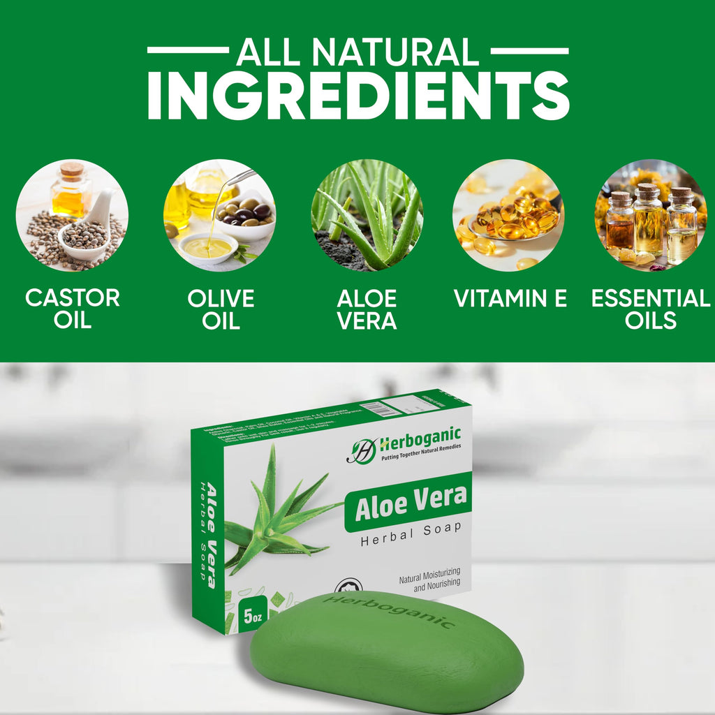 HERBOGANIC Aloe Vera Herbal Soap - Pack of 6 x 5oz Bars for All Skin Types