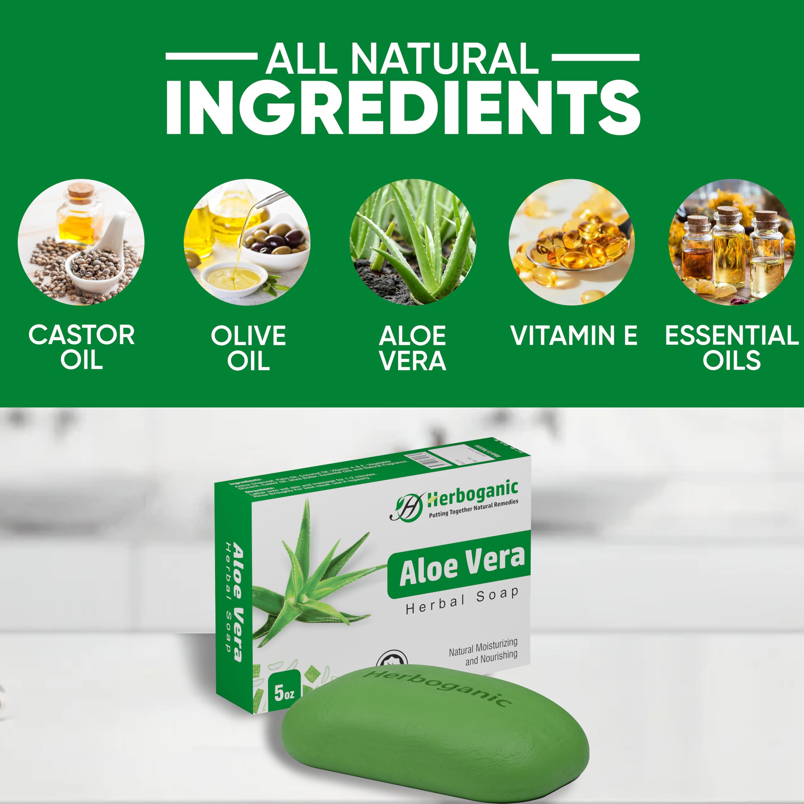 HERBOGANIC Aloe Vera Herbal Soap - Pack of 6 x 5oz Bars for All Skin Types