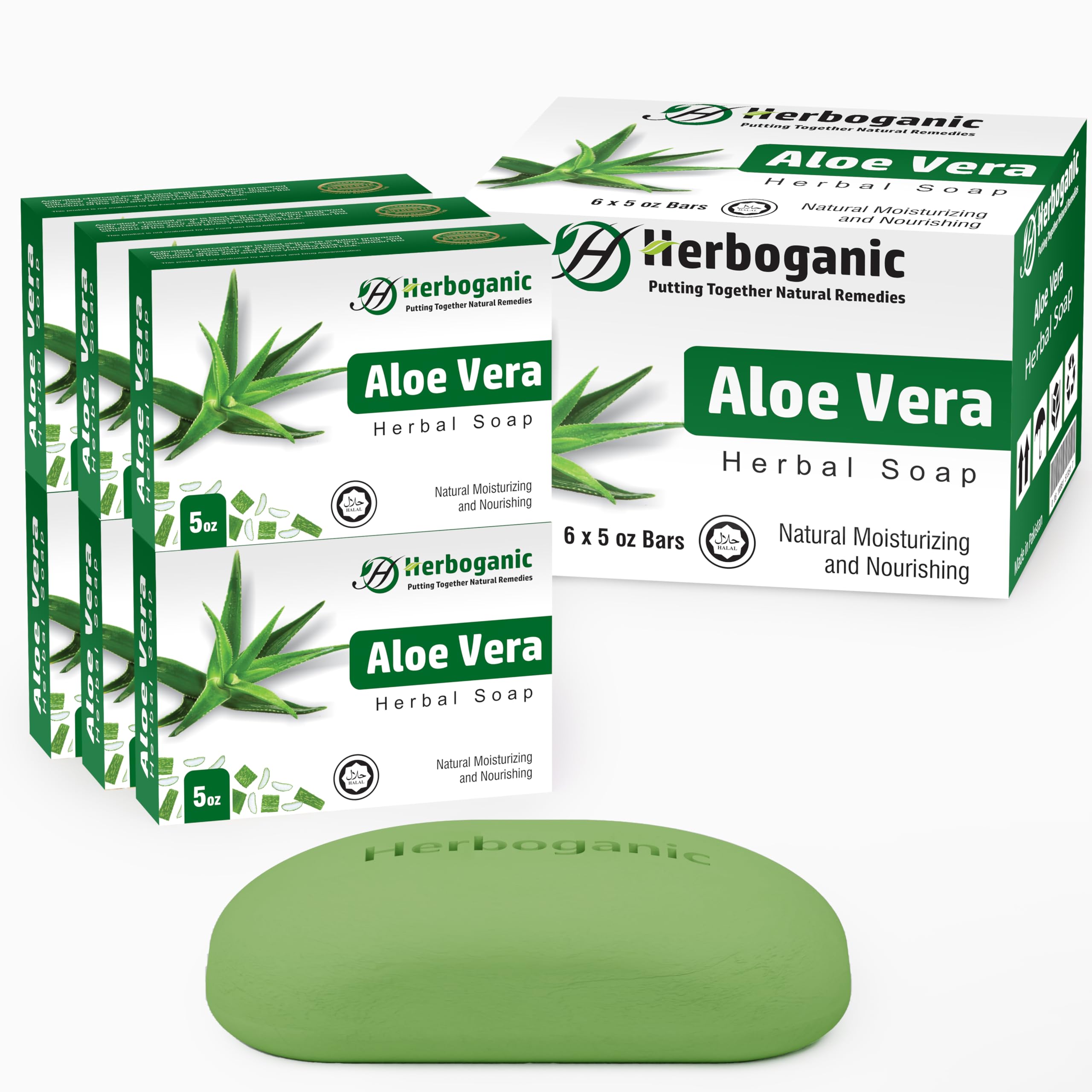 HERBOGANIC Aloe Vera Herbal Soap - Pack of 6 x 5oz Bars for All Skin Types
