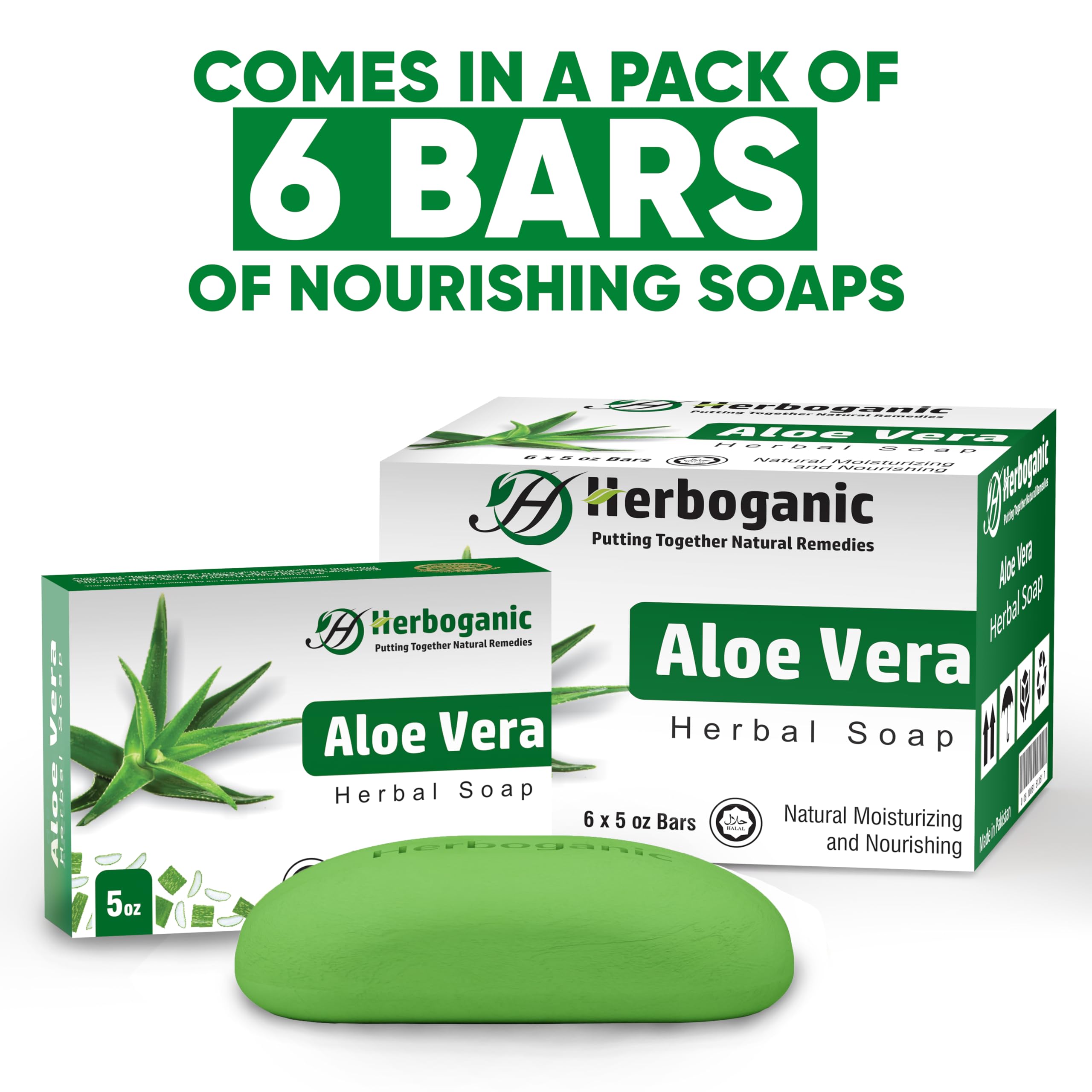 HERBOGANIC Aloe Vera Herbal Soap - Pack of 6 x 5oz Bars for All Skin Types