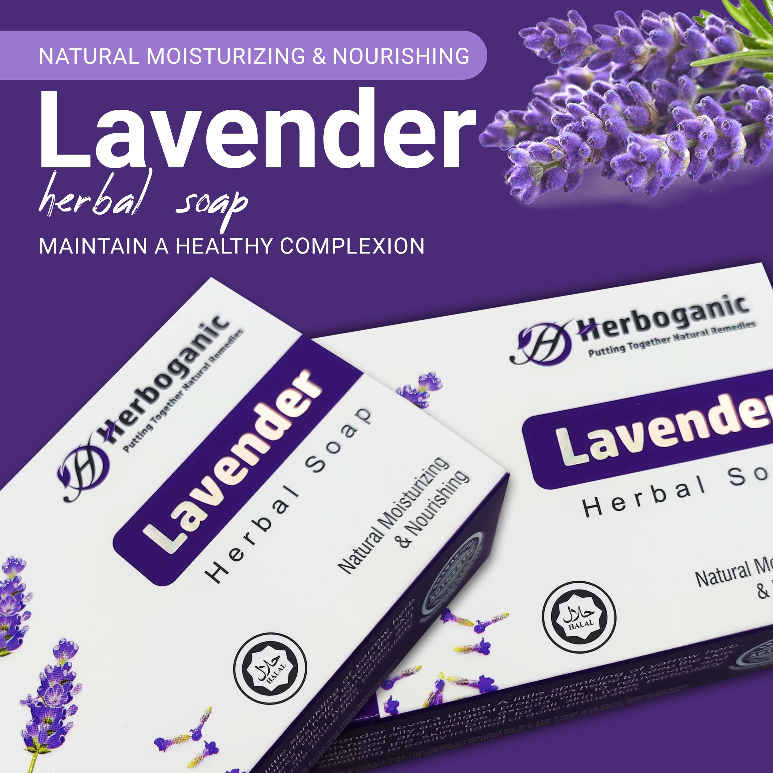 HERBOGANIC Lavender Herbal Soap – Pack of 6 x 5oz Bars for All Skin Types