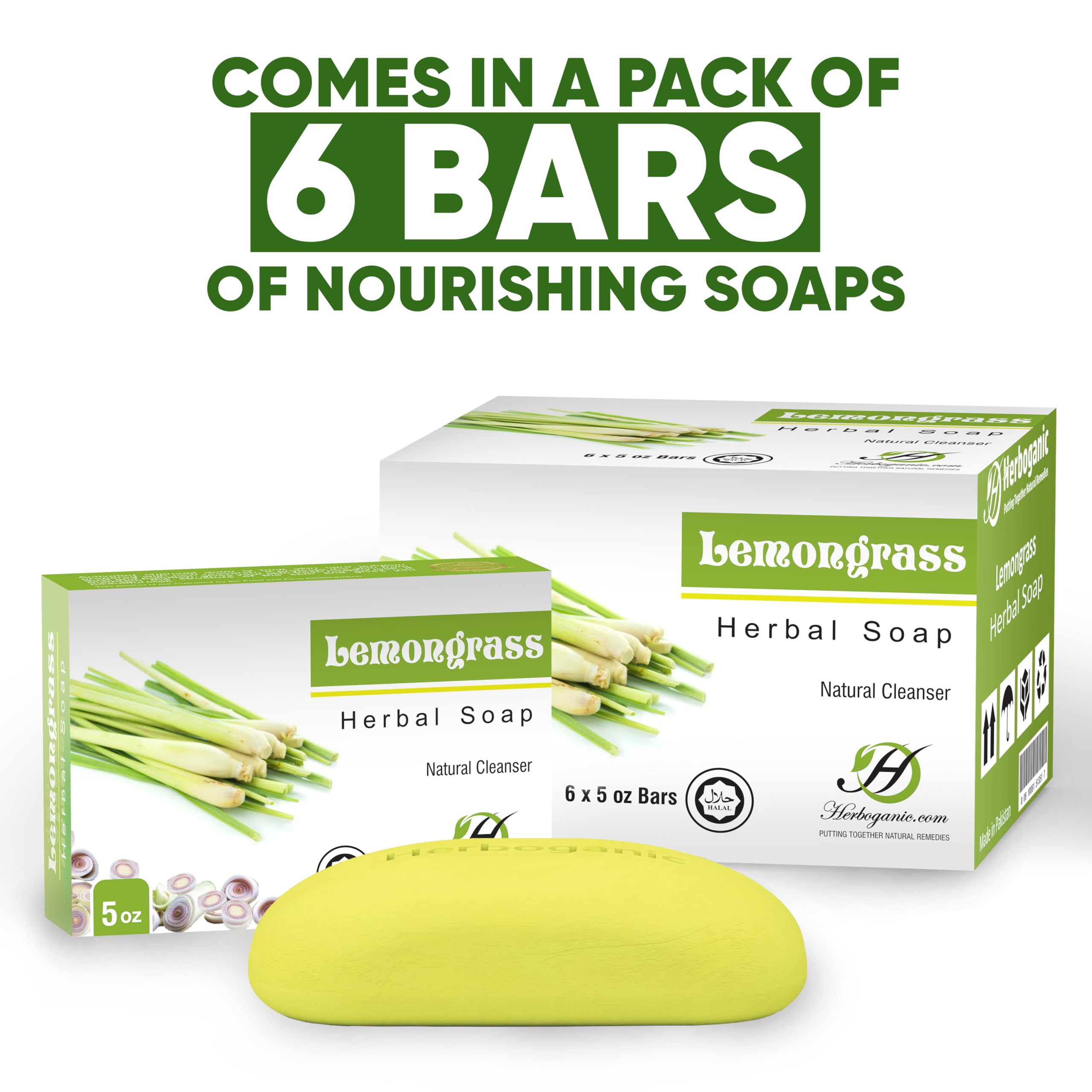 HERBOGANIC Lemongrass Herbal Soap — 6 x 5oz Bars for Refreshed, Nourished Skin