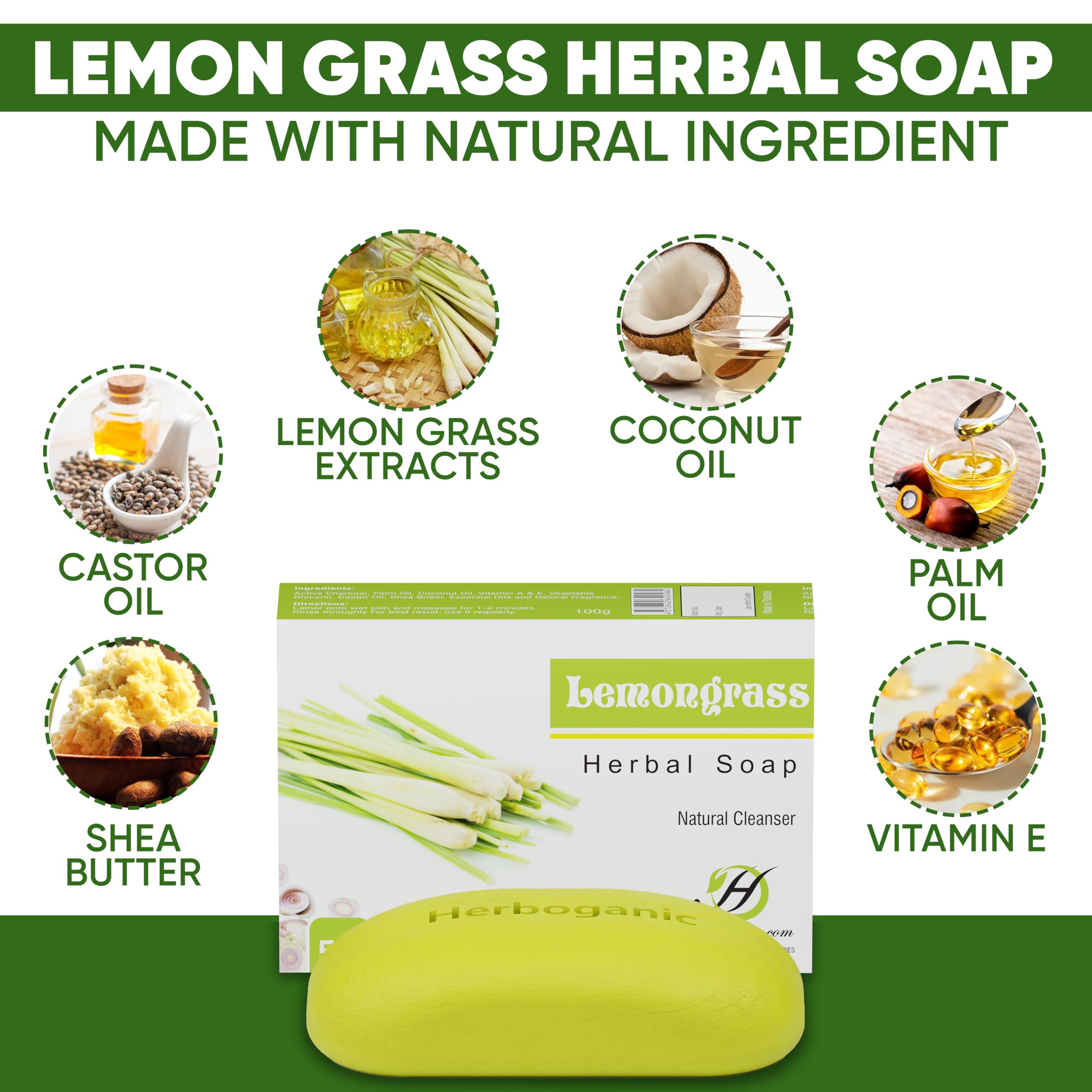 HERBOGANIC Lemongrass Herbal Soap — 6 x 5oz Bars for Refreshed, Nourished Skin