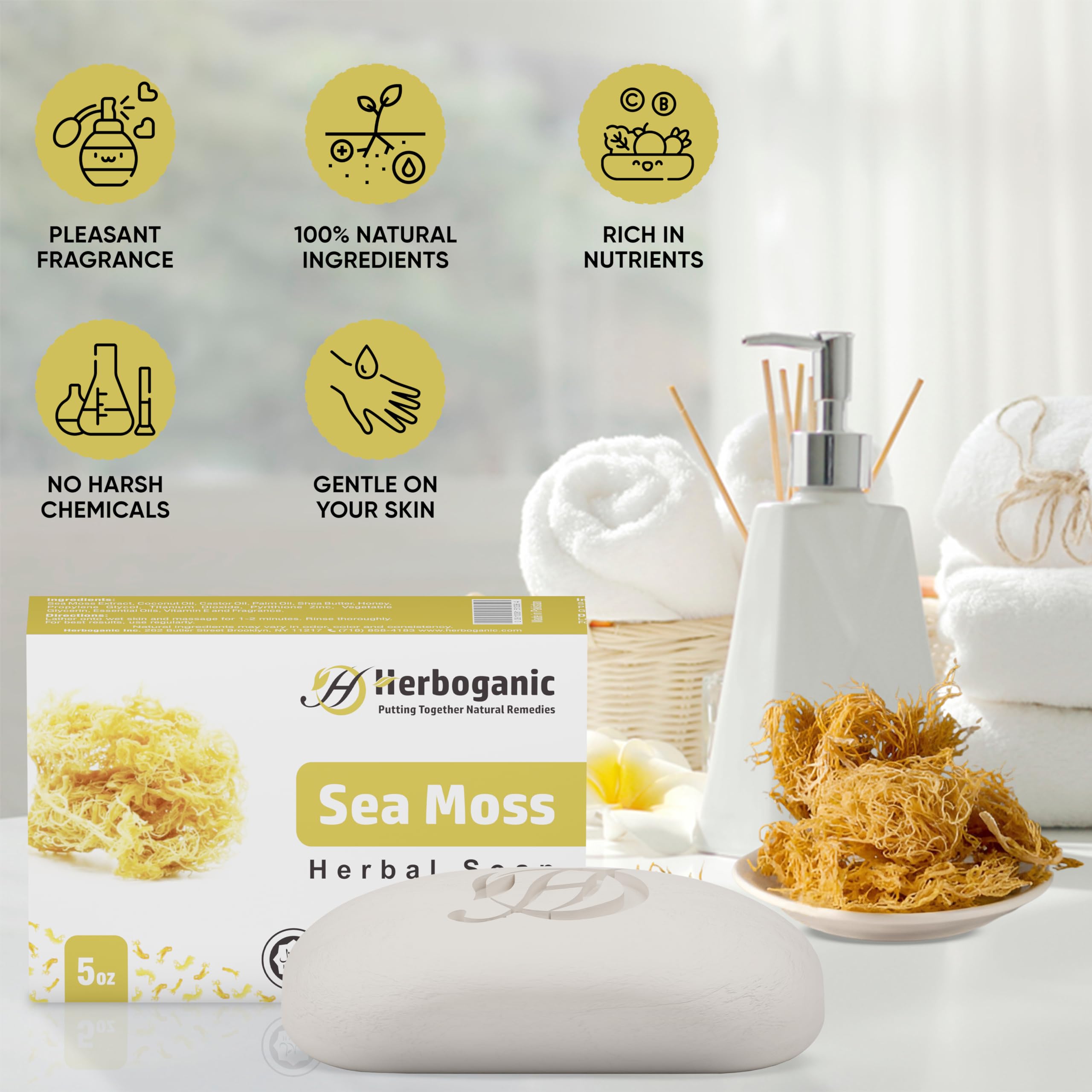 HERBOGANIC Sea Moss Herbal Soap – Pack of 3 x 5oz Bars | Hydrating Face & Body