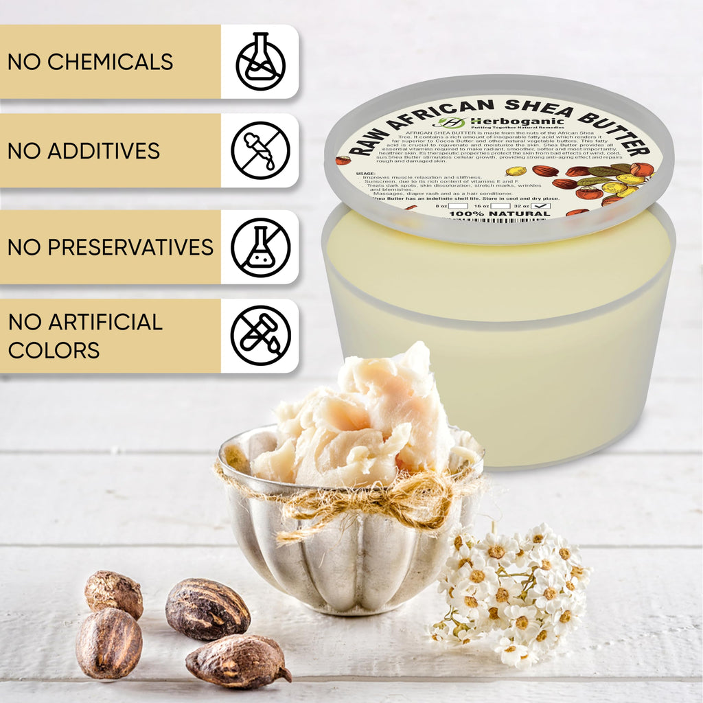 HERBOGANIC Pure Raw African Shea Butter - 32 oz, Ivory Color, Unrefined & Non-GMO