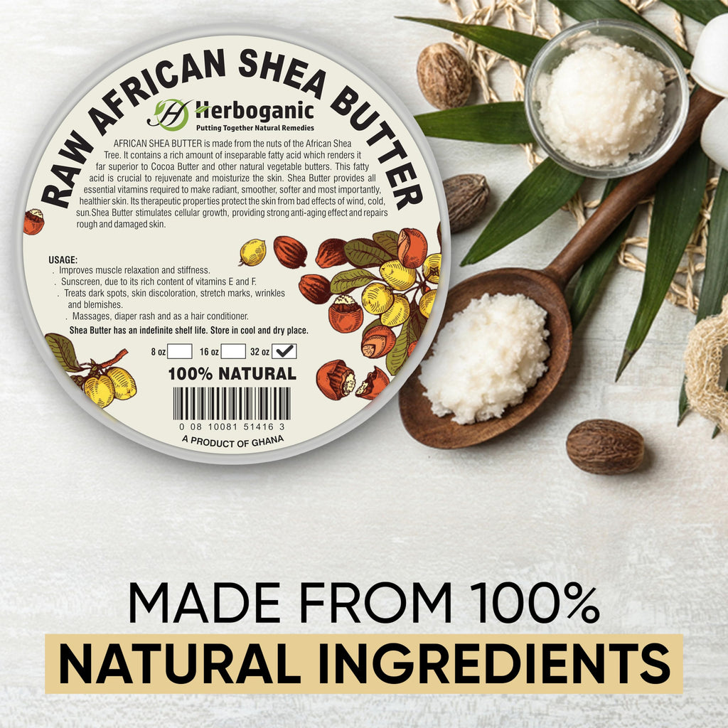 HERBOGANIC Pure Raw African Shea Butter - 32 oz, Ivory Color, Unrefined & Non-GMO