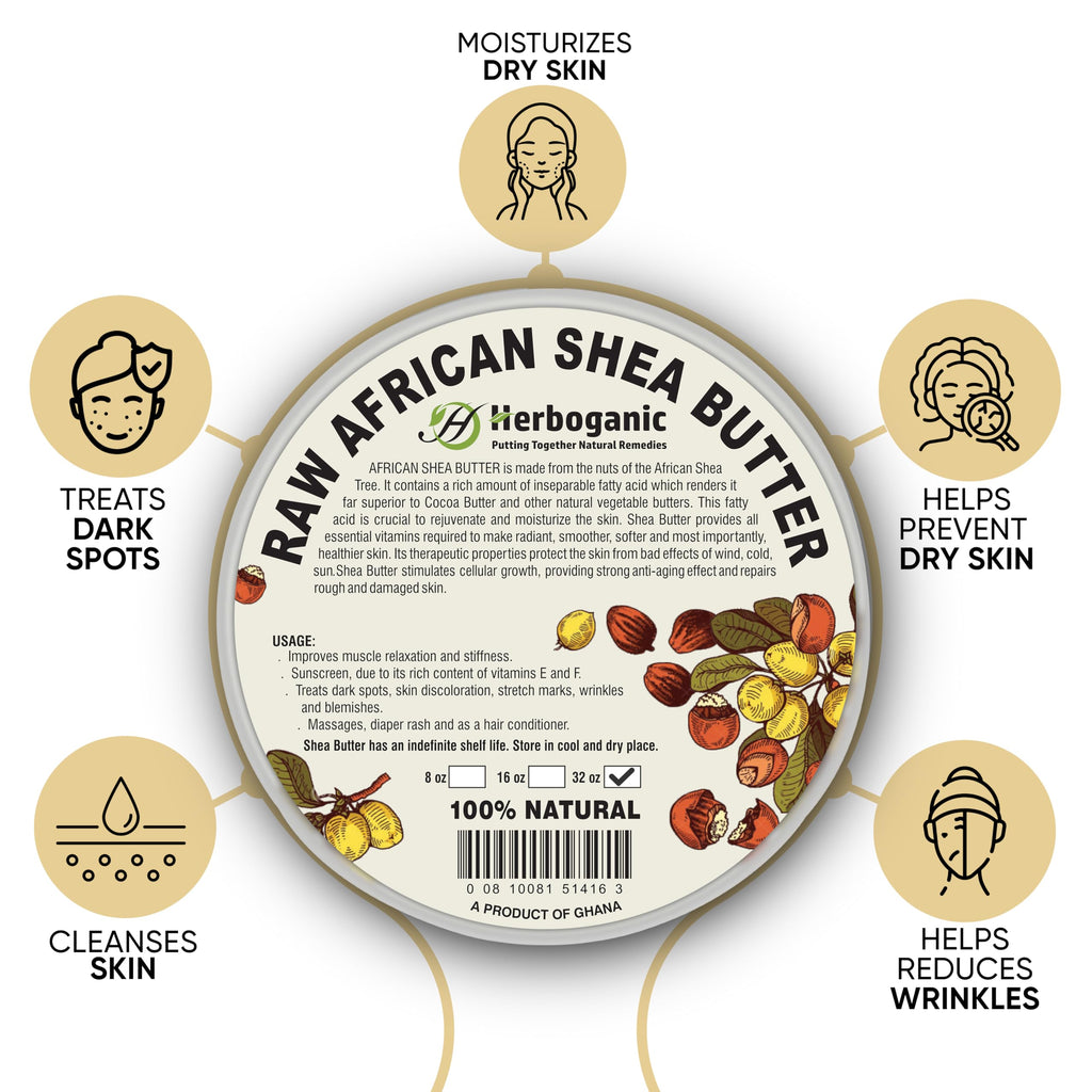 HERBOGANIC Pure Raw African Shea Butter - 32 oz, Ivory Color, Unrefined & Non-GMO