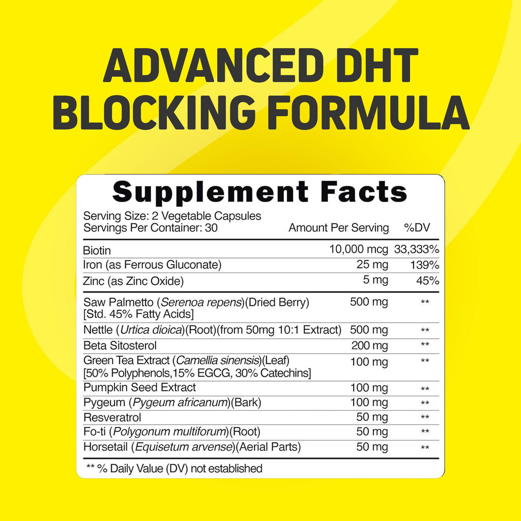 Herbtonics Hair Growth Vitamins | DHT Blocker with Saw Palmetto & 10000mcg Biotin – 60 Vegan Capsules