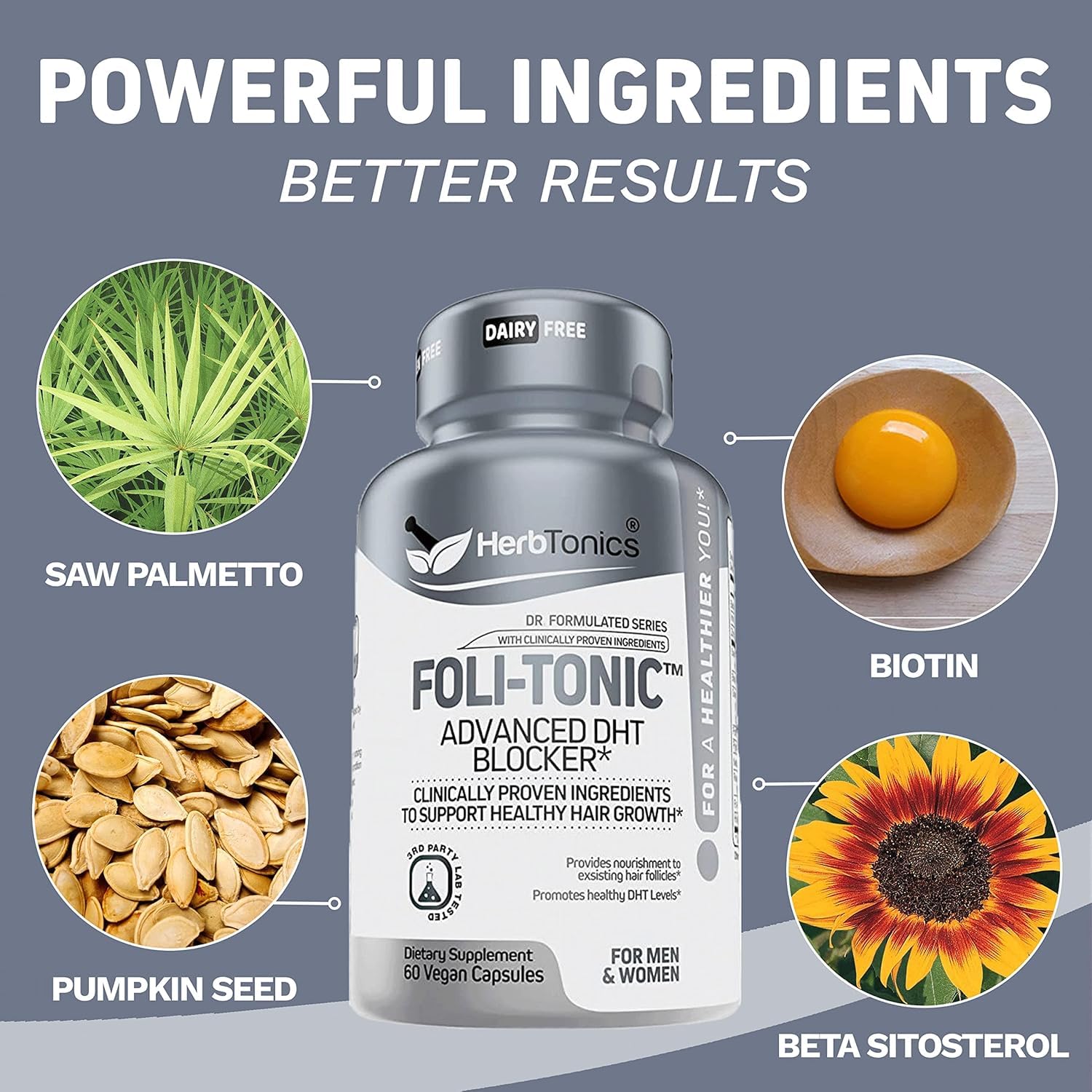 Herbtonics Hair Growth Vitamins | DHT Blocker with Saw Palmetto & 10000mcg Biotin – 60 Vegan Capsules