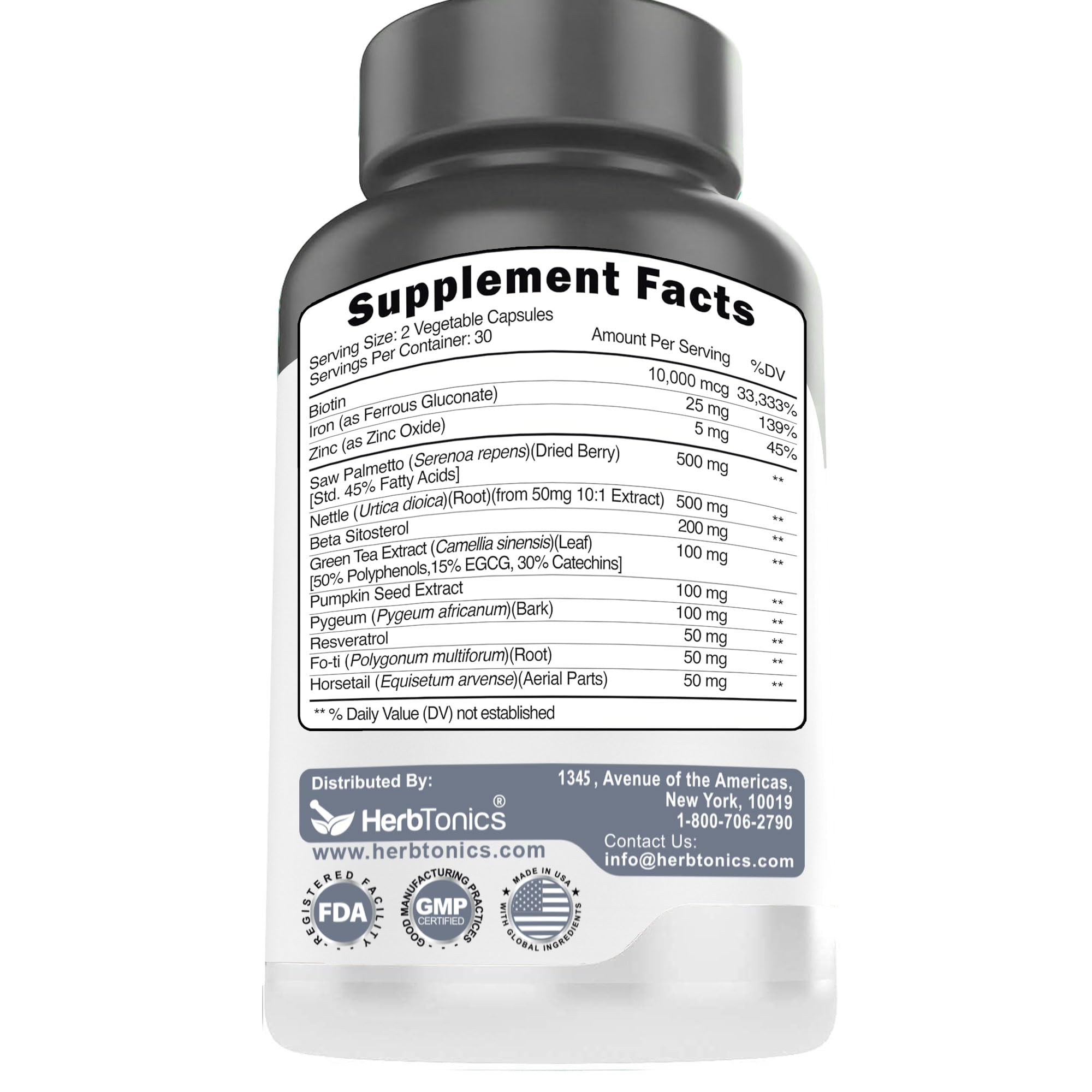 Herbtonics Hair Growth Vitamins | DHT Blocker with Saw Palmetto & 10000mcg Biotin – 60 Vegan Capsules