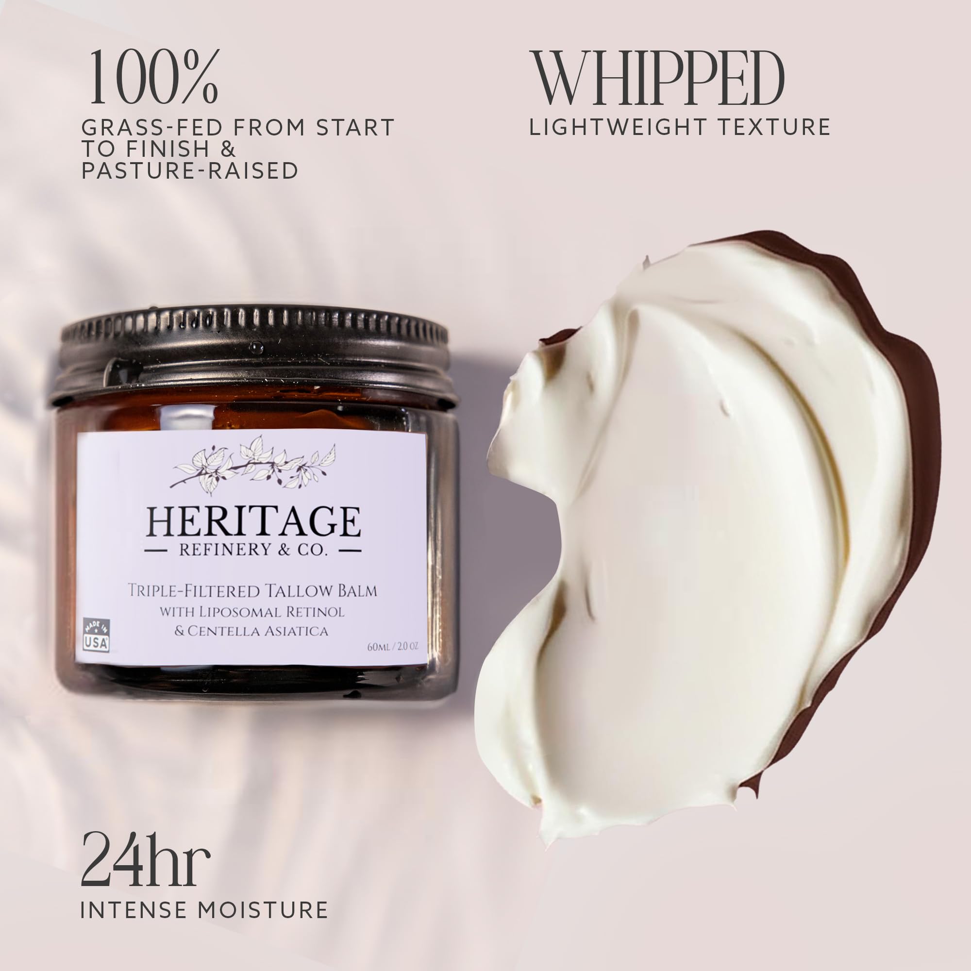 Heritage Refinery & Co. Whipped Beef Tallow with Retinol & Centella – USA Made, 2 Oz