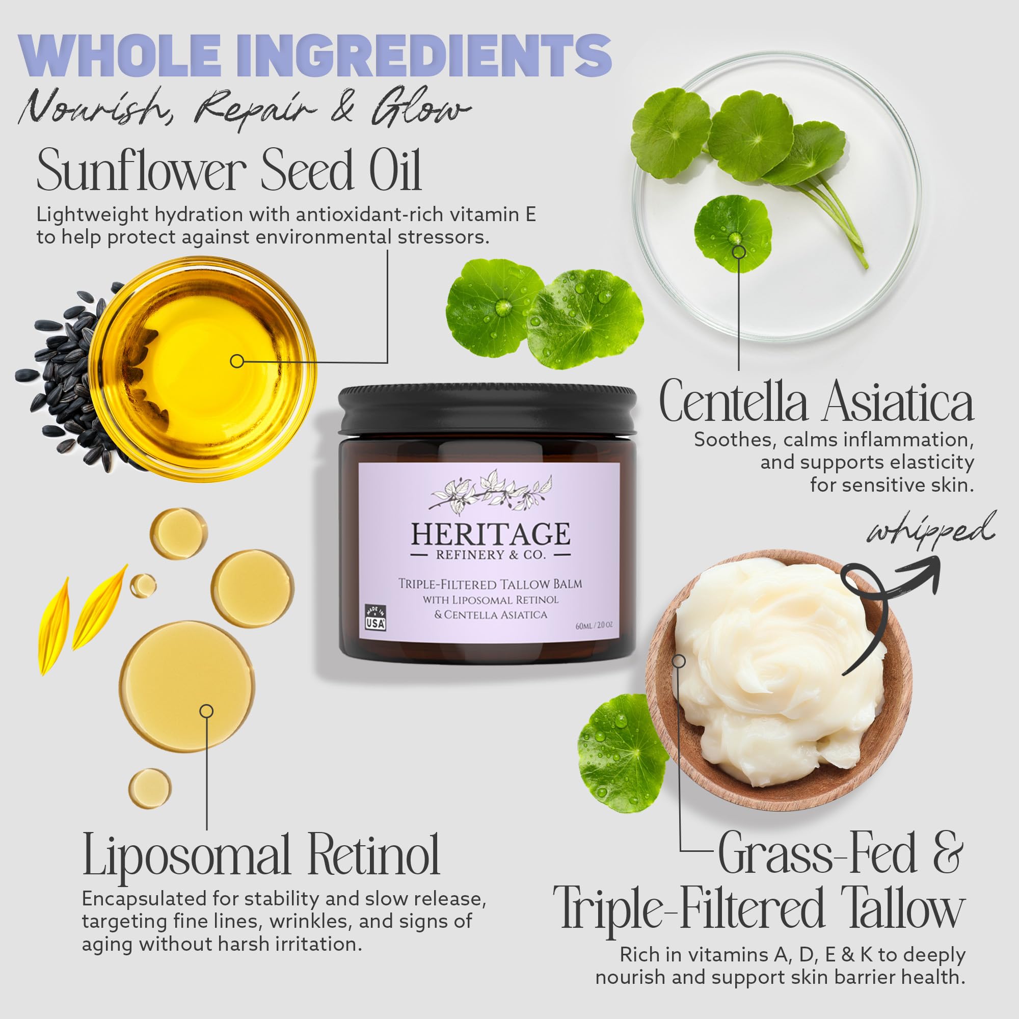 Heritage Refinery & Co. Whipped Beef Tallow with Retinol & Centella – USA Made, 2 Oz