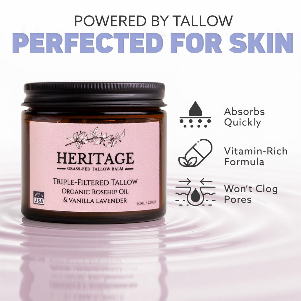 Heritage Refinery & Co. Whipped Beef Tallow with Rosehip & Lavender — USA Made, All-Natural Moisturizer (2 oz)