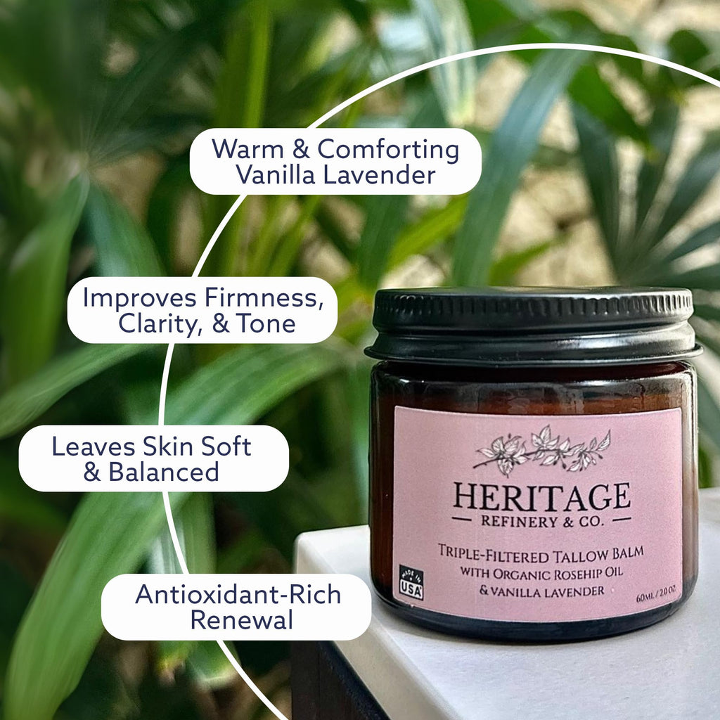 Heritage Refinery & Co. Whipped Beef Tallow with Rosehip & Lavender — USA Made, All-Natural Moisturizer (2 oz)