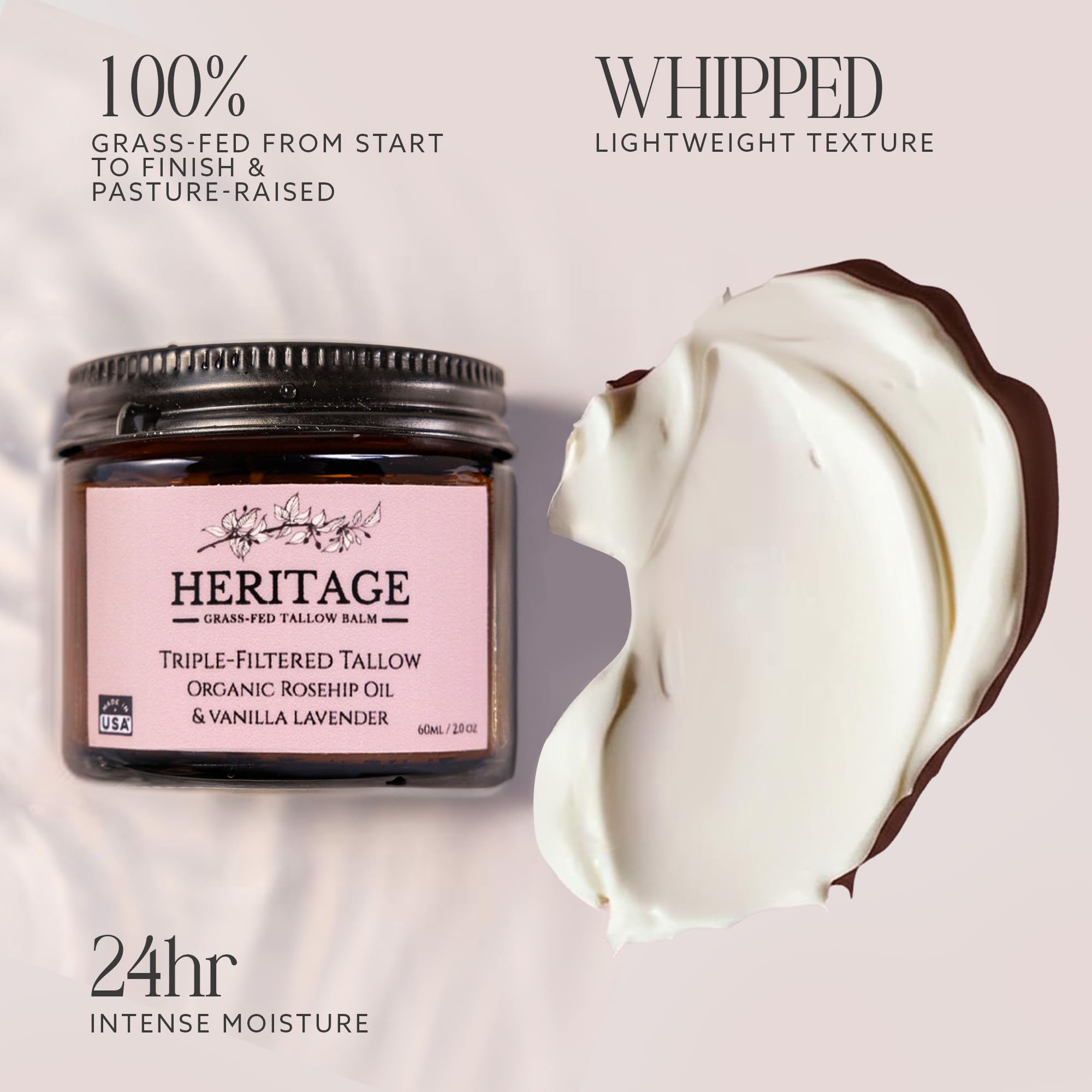 Heritage Refinery & Co. Whipped Beef Tallow with Rosehip & Lavender — USA Made, All-Natural Moisturizer (2 oz)