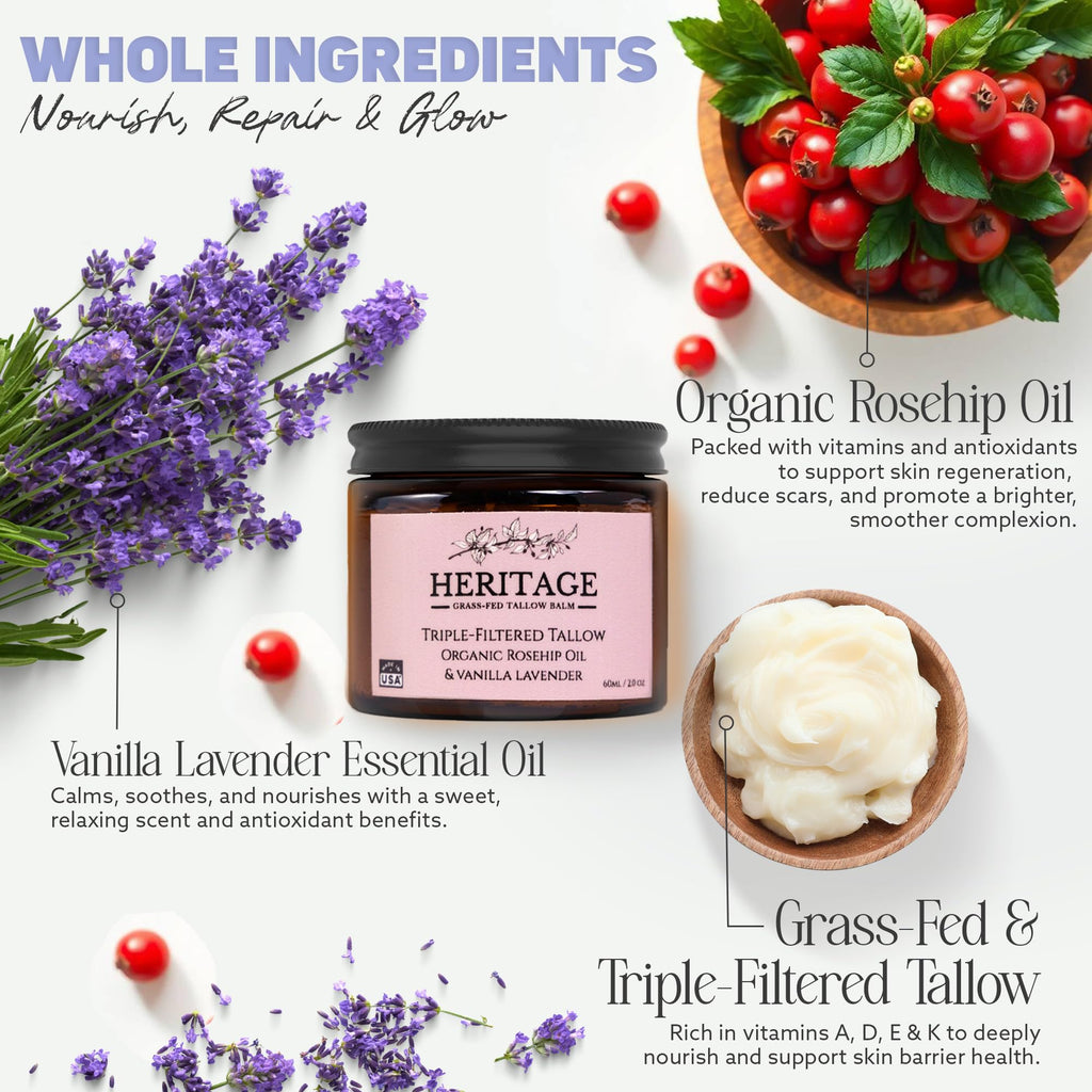Heritage Refinery & Co. Whipped Beef Tallow with Rosehip & Lavender — USA Made, All-Natural Moisturizer (2 oz)