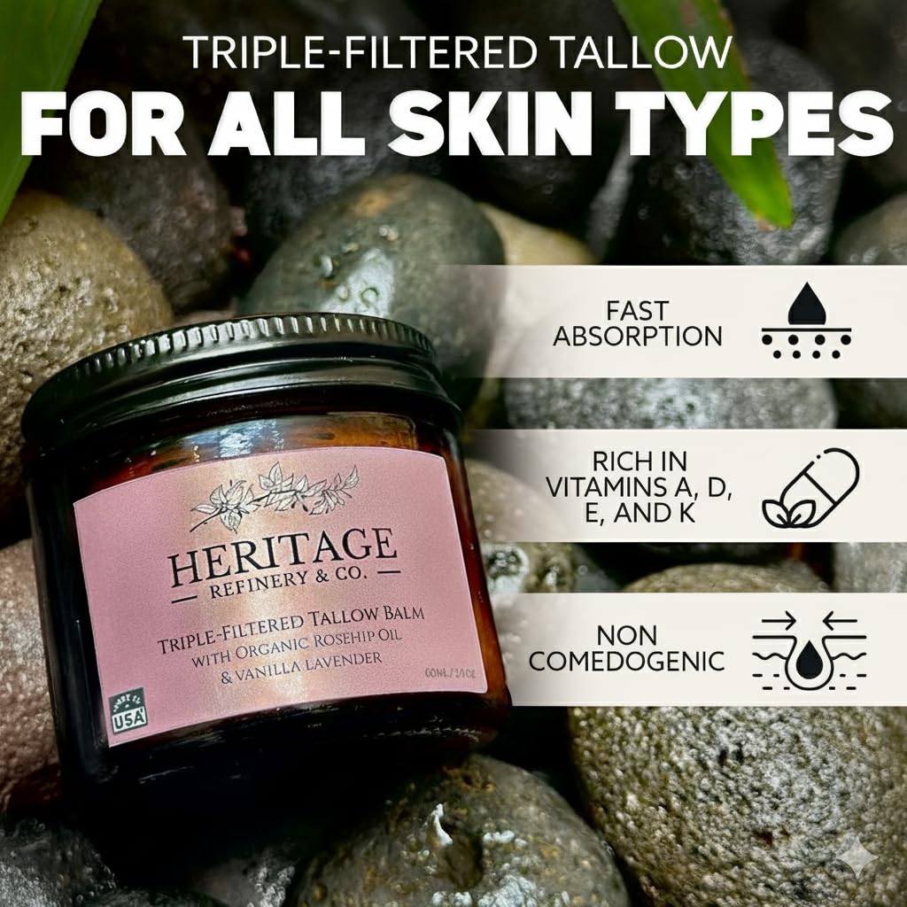 Heritage Refinery & Co. Whipped Beef Tallow with Rosehip & Lavender — USA Made, All-Natural Moisturizer (2 oz)