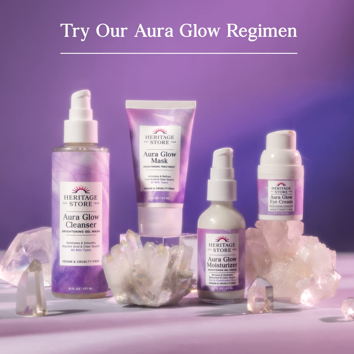 Heritage Store Aura Glow Facial Cleanser – Brightening Gel Cleanser with Glycolic Acid, Niacinamide & Clear Quartz (6 oz) – Vegan