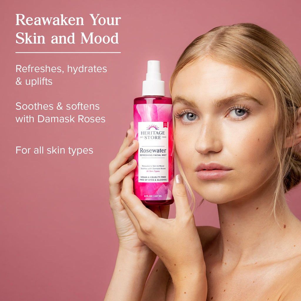 HERITAGE STORE Rosewater Face Mist with Damask Rose – Hydrating, Alcohol-Free, Vegan, 12oz